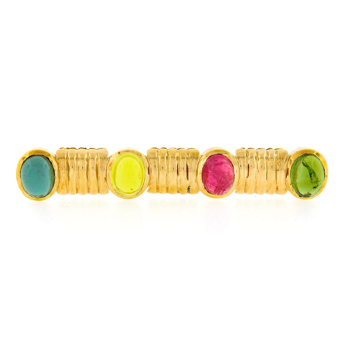 M. Gates 18K Gold Grooved Bar Brooch with Tourmaline & Lemon Quartz: M. Gates 18K Gold Grooved Bar Brooch with Tourmaline & Lemon Quartz This stunning bar pin brooch, designed by M. Gates, showcases a captivating combination of natural gemstones set in solid 18K yellow