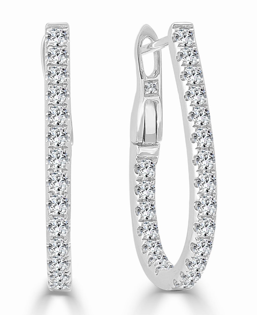 14K White Gold Women's Diamond Hoop Earrings with Pear Design: 14K White Gold Women's Diamond Hoop Earrings with Pear Design These women's hoop earrings feature pear-shaped designs set with round white diamonds in 14K white gold. The earrings have a total side di