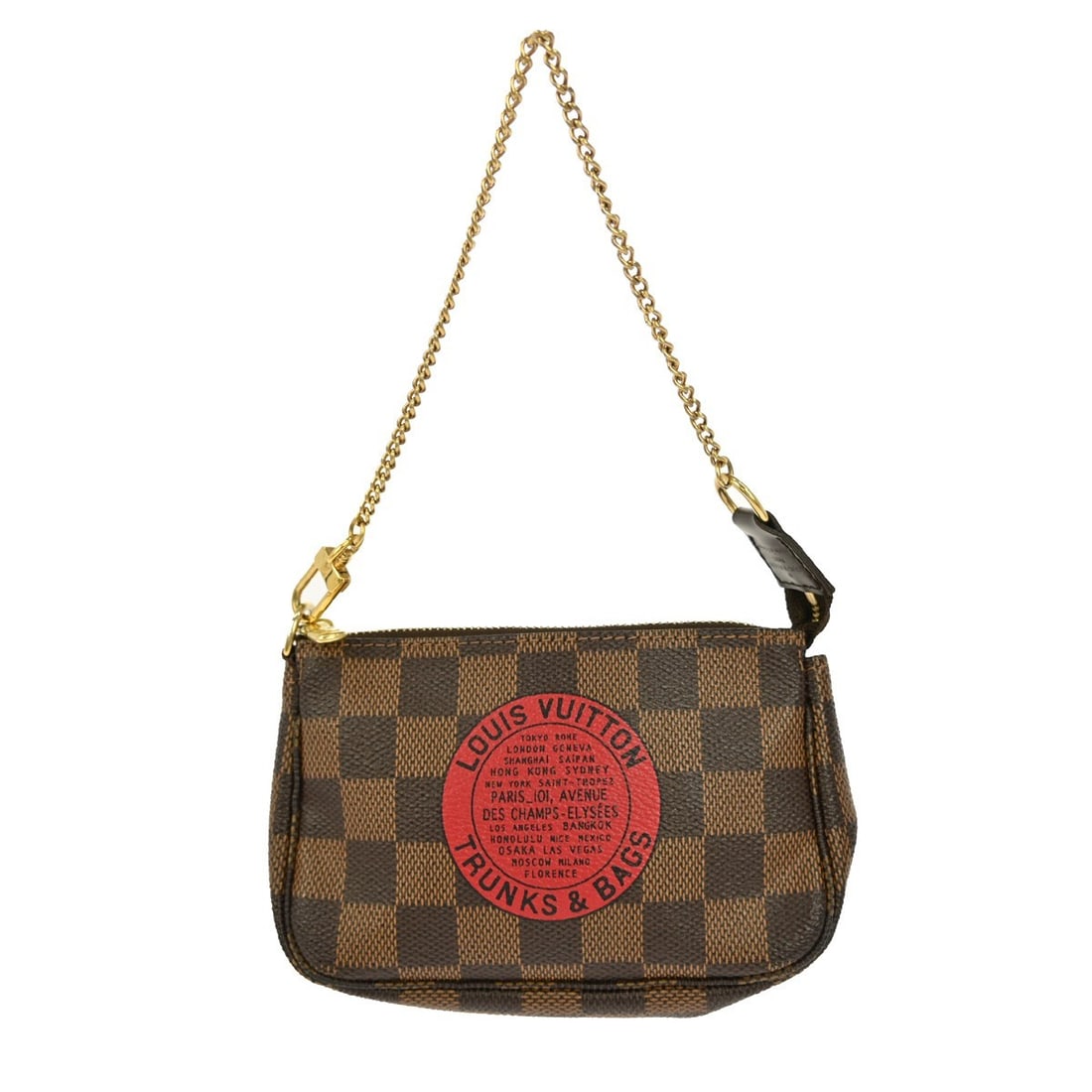 Louis Vuitton Damier Ebene Mini Pochette Accessoires Brown Chain Strap Bag: Louis Vuitton Damier Ebene Mini Pochette Accessoires Brown Chain Strap Bag This Louis Vuitton Mini Pochette Accessoires handbag features the iconic Damier Ebene canvas leather exterior with a brown co