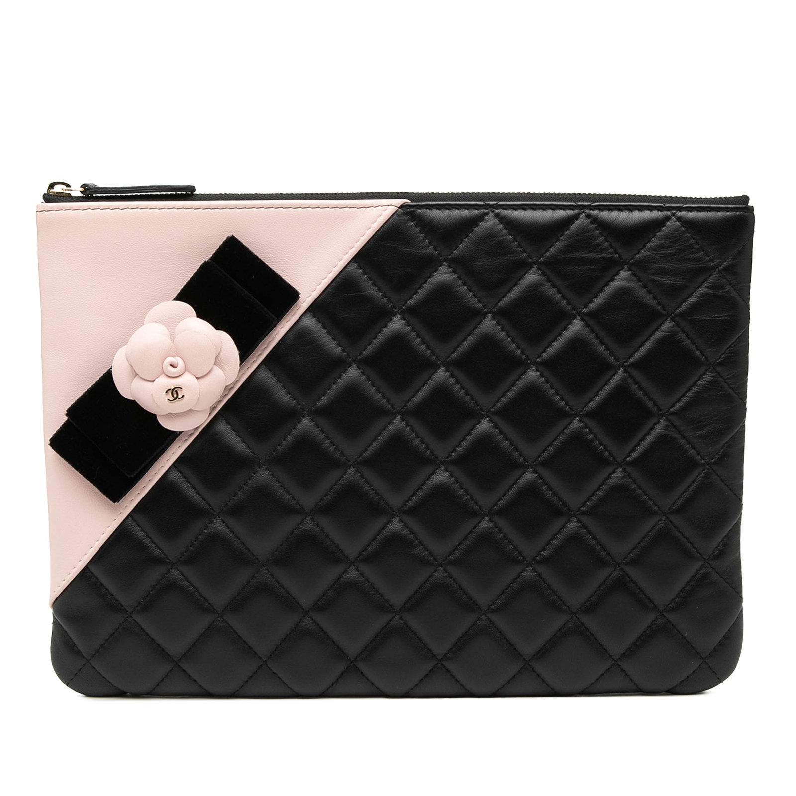 Black Camellia O Case Quilted Lambskin Clutch by Chanel: Black Camellia O Case Quilted Lambskin Clutch by Chanel This Chanel Medium Quilted Lambskin Camellia O Case Clutch features a quilted lambskin leather exterior with a top zip closure. The bag is craft