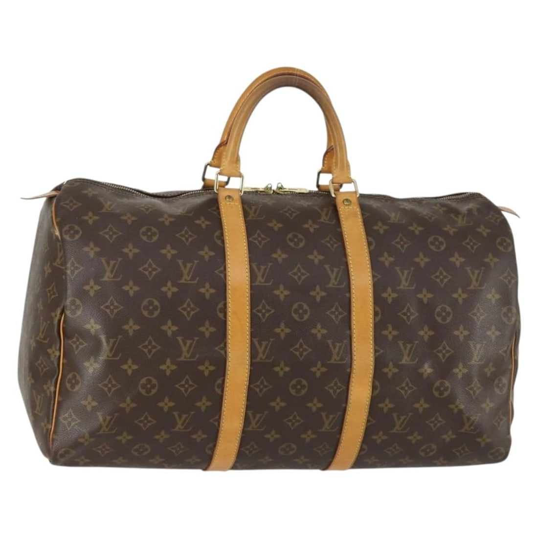 Monogram Canvas Louis Vuitton Keepall Duffel 50cm Brown: Monogram Canvas Louis Vuitton Keepall Duffel 50cm Brown This Louis Vuitton Keepall bag is crafted from brown monogram canvas and designed for unisex use. It features leather handles and metal fittings
