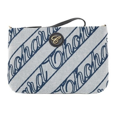 Chopard Chopardissimo Mini Blue Cotton Pouch with Gold Chain Strap: Chopard Chopardissimo Mini Blue Cotton Pouch with Gold Chain Strap This Chopard Chopardissimo Mini pouch is expertly crafted from blue organic cotton with a sky-blue background, showcasing a slim and 