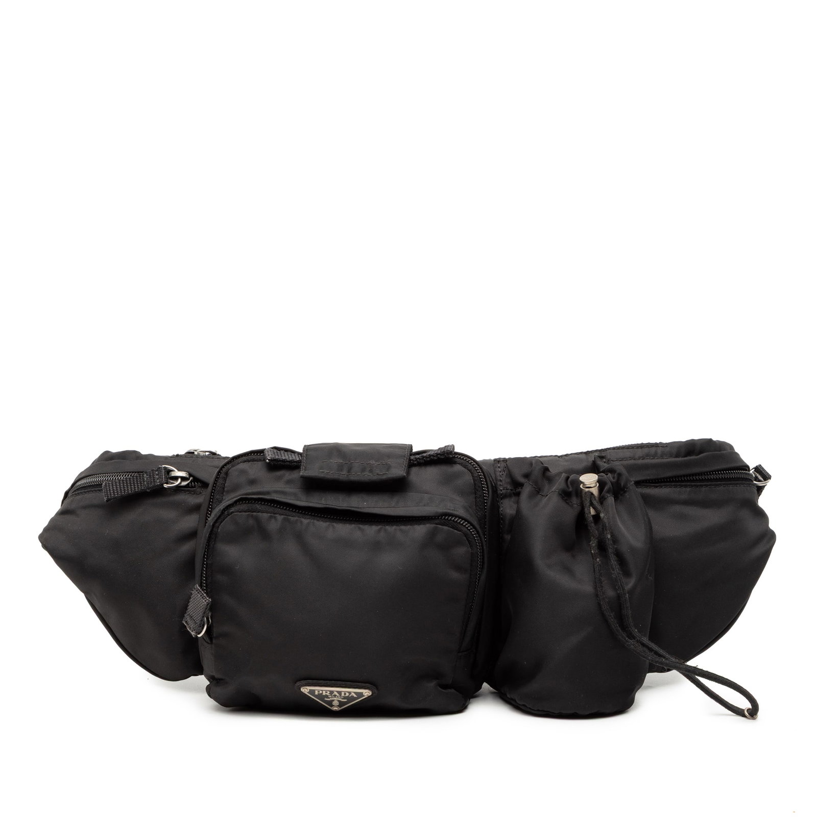 Prada Tessuto Black Nylon Belt Bag with Multiple Exterior Pockets: Prada Tessuto Black Nylon Belt Bag with Multiple Exterior Pockets The Prada Tessuto Multi Pocket Belt Bag is crafted from durable black nylon and features multiple exterior zip and drawstring pockets 
