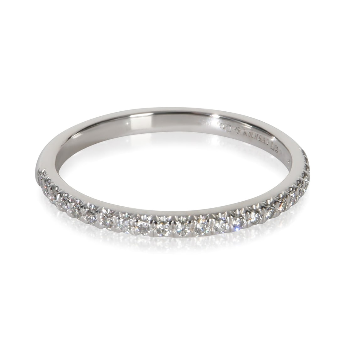 Soleste Half Eternity Platinum Diamond Band Ring Size 8.25: Soleste Half Eternity Platinum Diamond Band Ring Size 8.25 This Tiffany & Co. Soleste Half Eternity Band features round brilliant white diamonds set in platinum with a 950 metal purity. The band has a