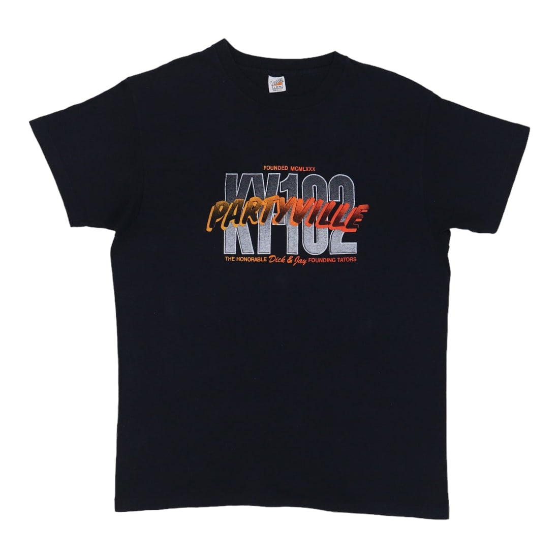 Vintage 1980s KY102 Partyville Radio Black Cotton T Shirt Size Large: Vintage 1980s KY102 Partyville Radio Black Cotton T Shirt Size Large This is an original vintage 1980s Partyville KY102 Radio shirt. The shirt features no back graphics and is in excellent condition w