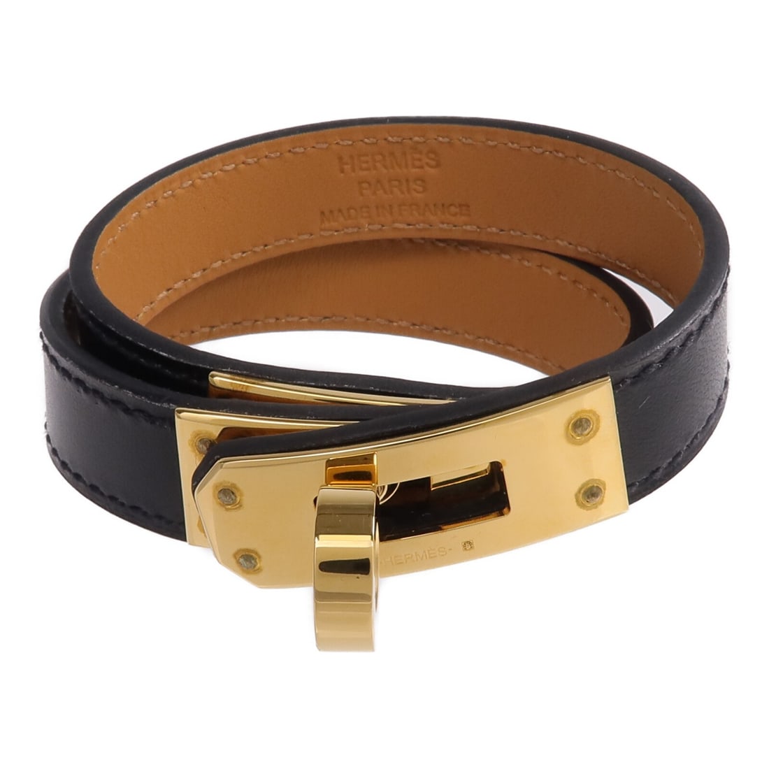 Hermes Kelly Double Wrap Black Box Calfskin Bracelet with Gold Hardware: Hermes Kelly Double Wrap Black Box Calfskin Bracelet with Gold Hardware This HERMES Kelly Double Bracelet is crafted from black box calf leather and features gold tone hardware. Designed for women, th