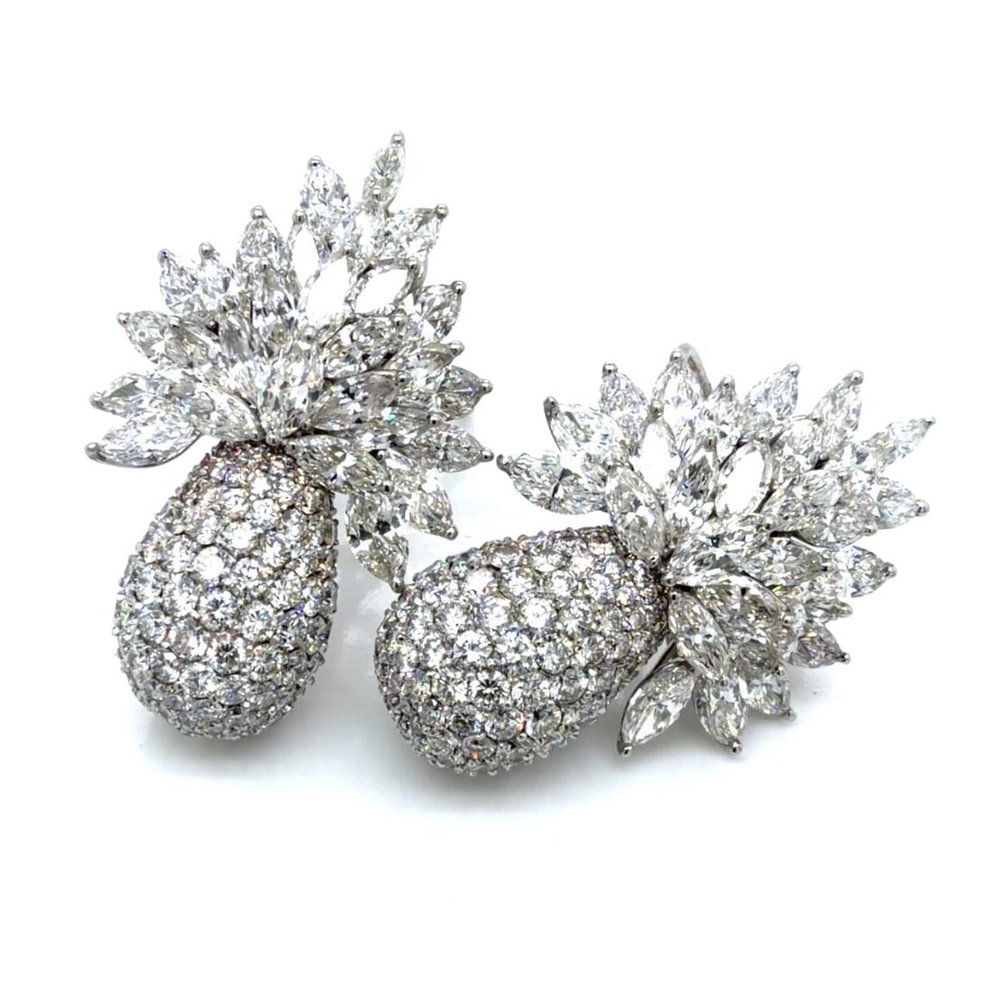 Diamond Platinum Earrings 37.50 Carat with Interchangeable South Sea Pearl Drops: Diamond Platinum Earrings 37.50 Carat with Interchangeable South Sea Pearl Drops This pair of platinum earrings features a total of approximately 37.50 carats of diamonds, including 56 marquise diamon