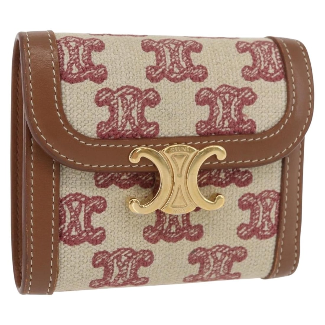 Celine Triomphe Small Canvas Wallet in Beige and Gold with Box: Celine Triomphe Small Canvas Wallet in Beige and Gold with Box This CELINE Small Triomphe wallet is crafted from beige canvas with gold-tone accents. Designed for women, it features a compact and prac