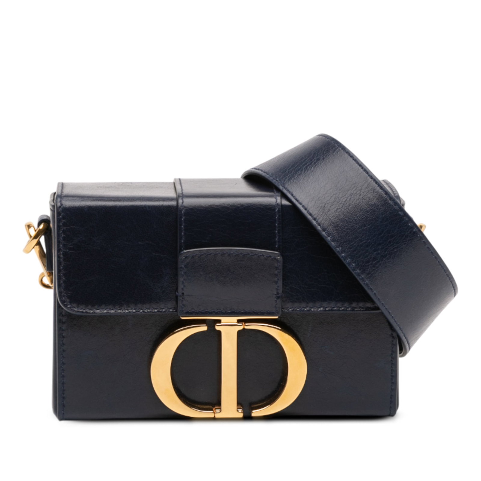 Dior 30 Montaigne Blue Leather Box Bag with Shoulder Strap: Dior 30 Montaigne Blue Leather Box Bag with Shoulder Strap The Dior 30 Montaigne Box Bag showcases a sophisticated leather body in a captivating blue hue. This elegant bag features an adjustable flat 