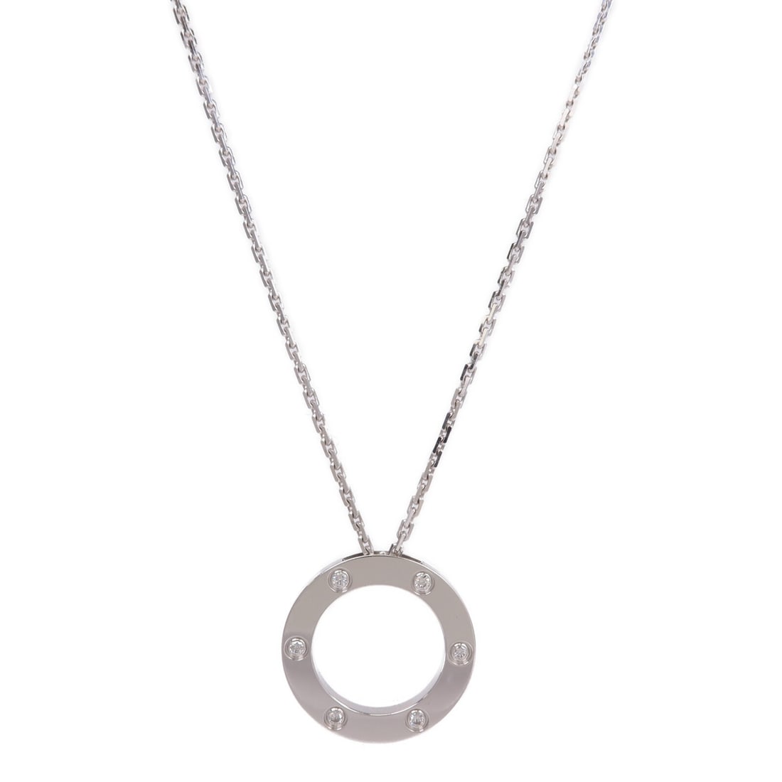 Cartier Love 18K White Gold Necklace with 6 Diamonds: Cartier Love 18K White Gold Necklace with 6 Diamonds This Cartier Love Necklace is crafted from 18K white gold and features six diamonds, offering a refined and elegant look. Designed for women, the n