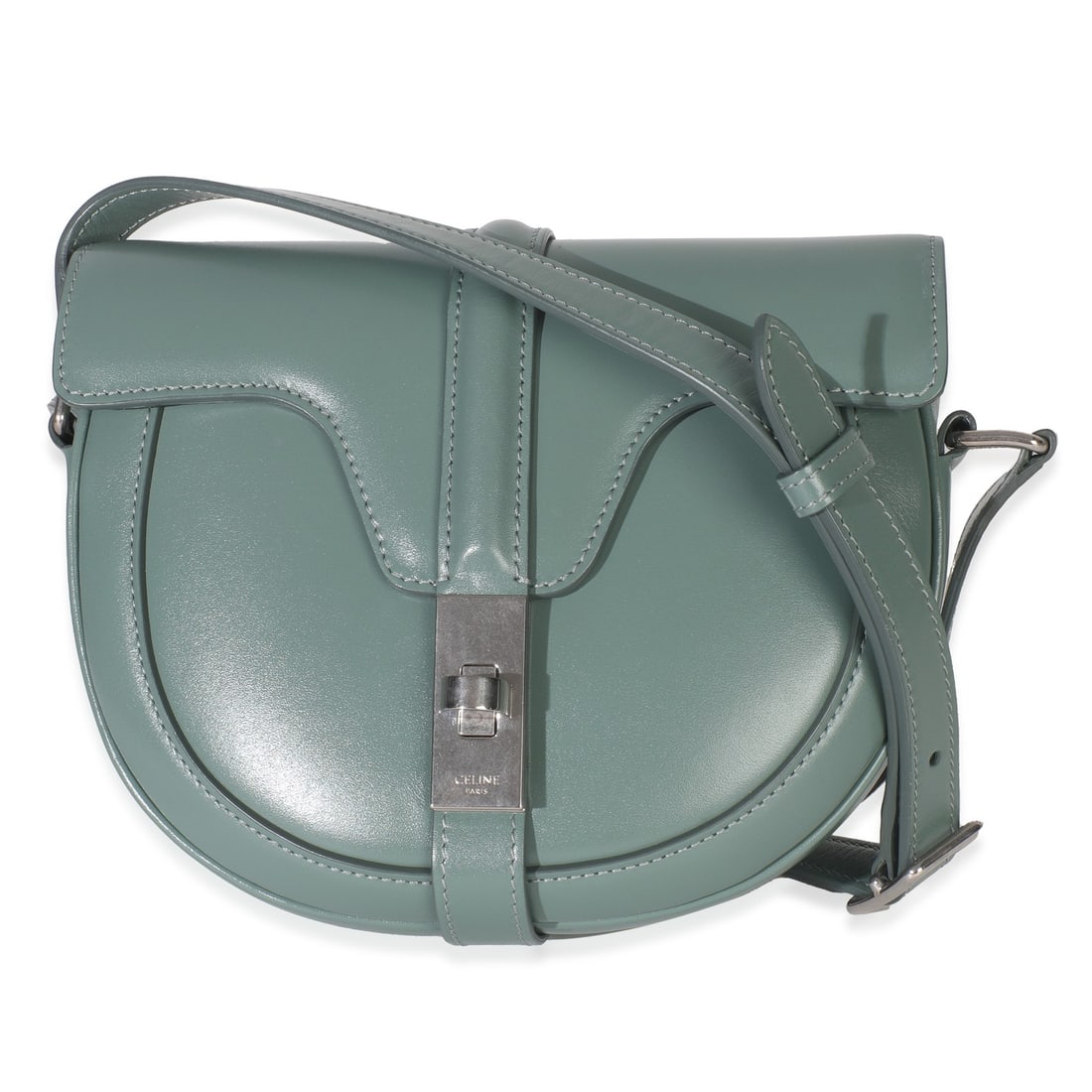 Celine Besace Small 16 Green Leather Shoulder Bag with Turnlock: Celine Besace Small 16 Green Leather Shoulder Bag with Turnlock This Celine Besace Small 16 shoulder bag is crafted from celadon green satin-finished calfskin leather. The bag features a structured si