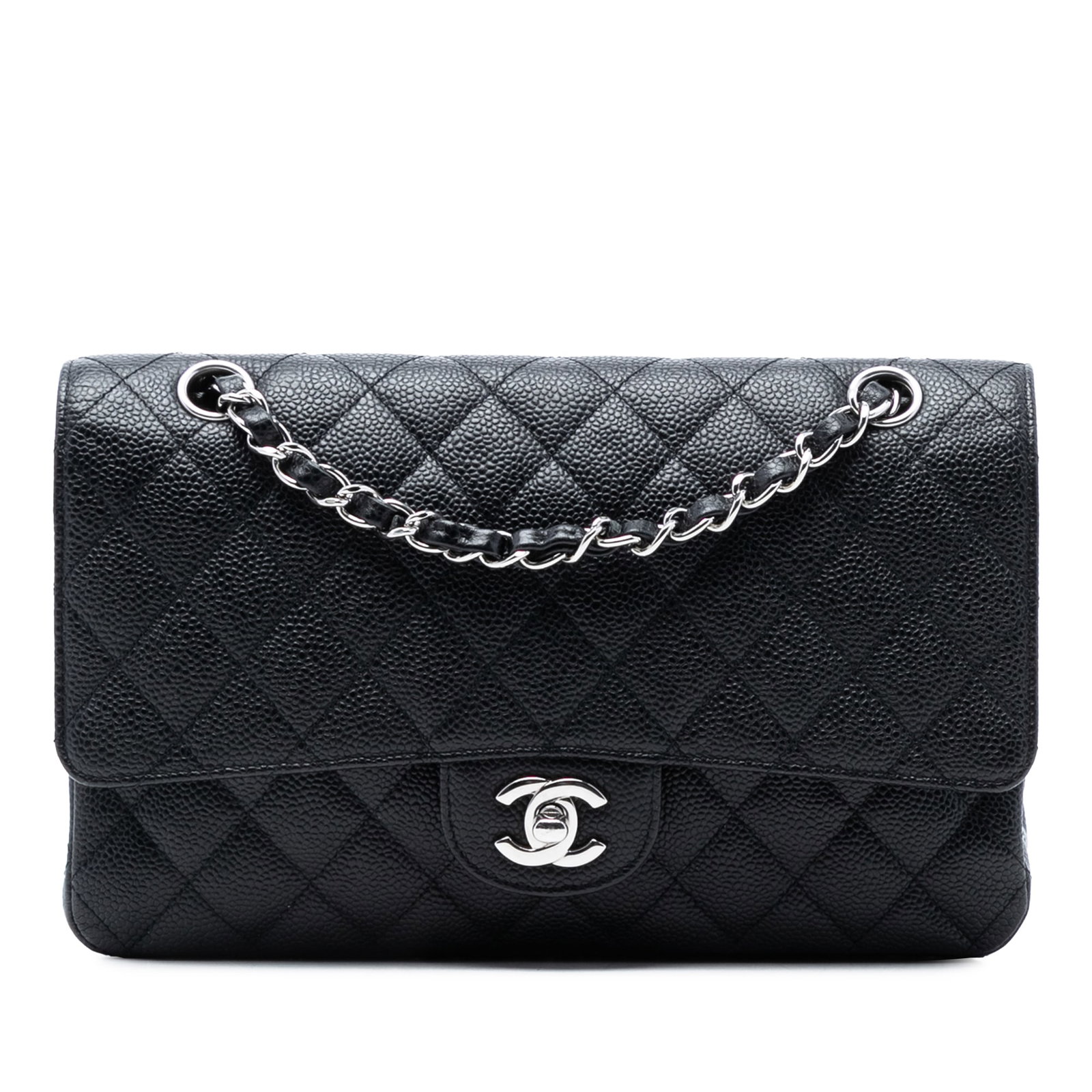 Chanel Black Quilted Caviar Leather Medium Double Flap Shoulder Bag: Chanel Black Quilted Caviar Leather Medium Double Flap Shoulder Bag This Chanel Medium Classic Caviar Double Flap shoulder bag features a quilted caviar leather body in black, an exterior back slip po