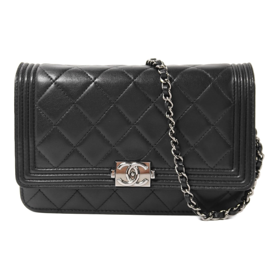 Chanel Boy Wallet on Chain Black Lambskin Shoulder Bag with Silver Hardware: Chanel Boy Wallet on Chain Black Lambskin Shoulder Bag with Silver Hardware This CHANEL Boy Wallet On Chain shoulder bag is crafted from black lambskin leather and features the iconic CC logo with sil