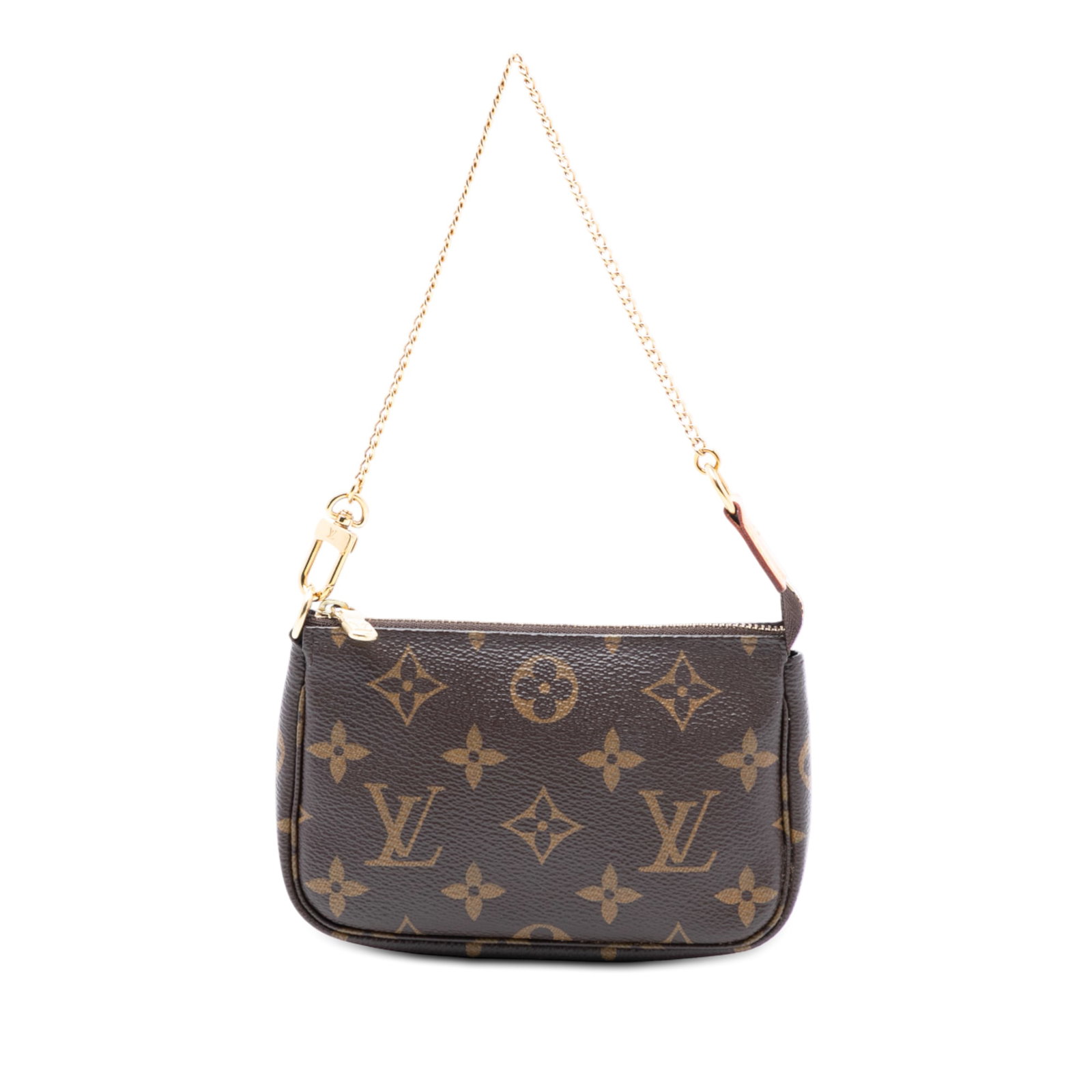 Louis Vuitton Brown Monogram Canvas Mini Pochette with Gold Chain Strap: Louis Vuitton Brown Monogram Canvas Mini Pochette with Gold Chain Strap This Louis Vuitton Monogram Mini Pochette Accessoires features the iconic monogram canvas in brown, complemented by a gold-tone 