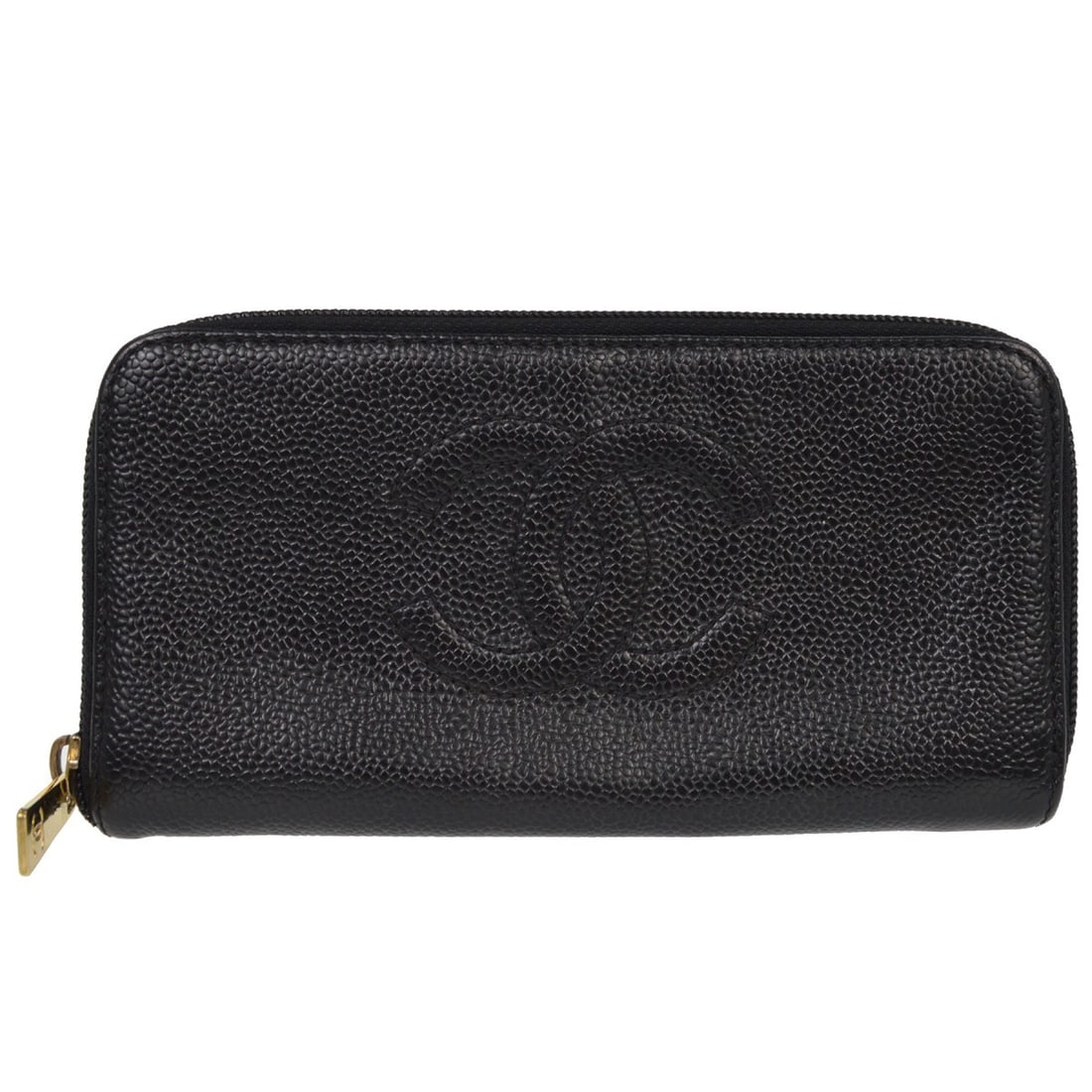 Chanel Zip Wallet in Black Calfskin Leather with Logo Accent: Chanel Zip Wallet in Black Calfskin Leather with Logo Accent This Chanel zip around wallet is crafted from black calfskin leather and features the iconic logo accent. Designed for women, it offers a s