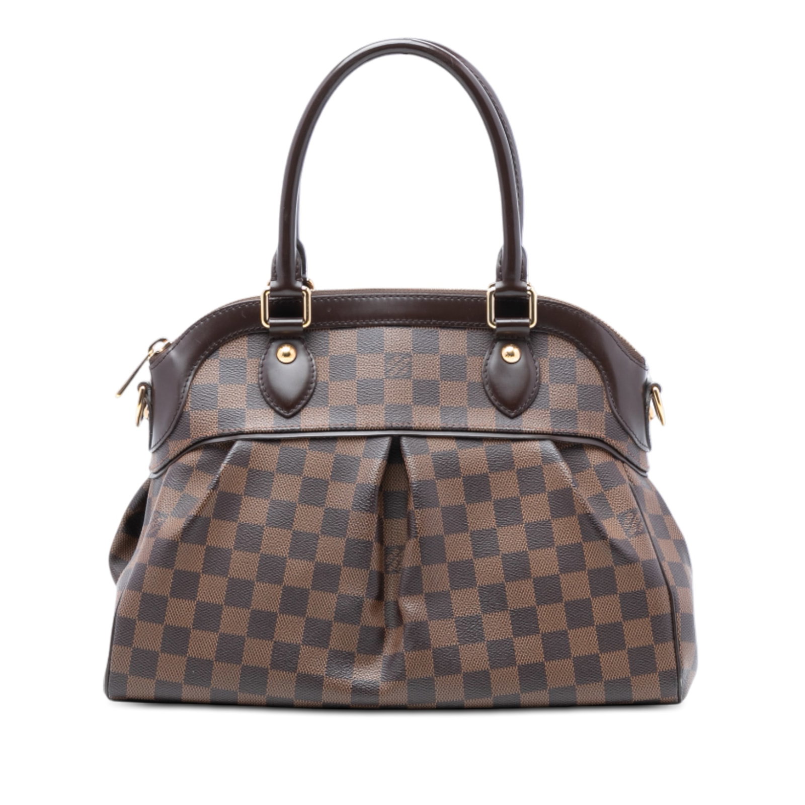 Louis Vuitton Trevi PM Handbag in Damier Ebene Canvas with Leather Trim: Louis Vuitton Trevi PM Handbag in Damier Ebene Canvas with Leather Trim The Louis Vuitton Damier Ebene Trevi PM features a damier ebene canvas body with leather trim, rolled leather handles, a top zip