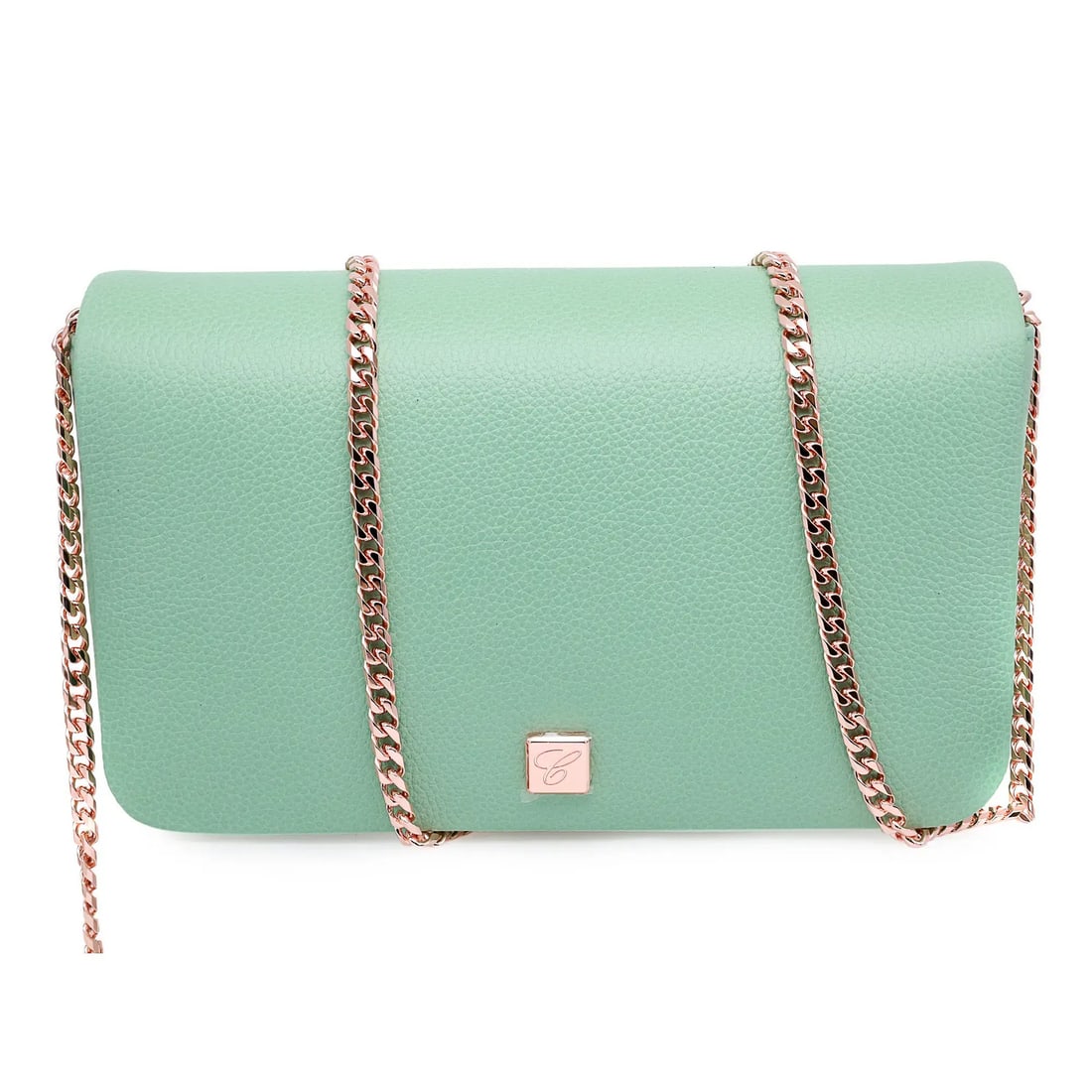 Chopard Ice Cube Mini Mint Green Leather Shoulder Bag 95000-1166: Chopard Ice Cube Mini Mint Green Leather Shoulder Bag 95000-1166 Elevate your style with this Chopard Ice Cube Mini Chain Shoulder Bag in a stunning mint green grained leather. The chic and practical 