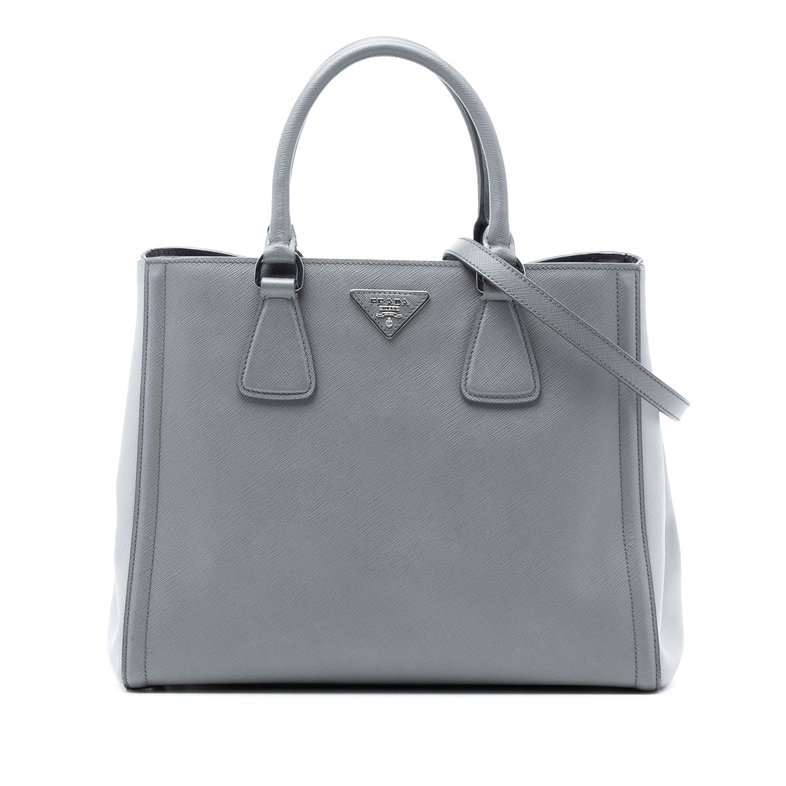 Prada Saffiano Leather Galleria Satchel Medium Gray Bicolor with Strap: Prada Saffiano Leather Galleria Satchel Medium Gray Bicolor with Strap This Prada Medium Bicolor Saffiano Lux Galleria Satchel features a two-tone saffiano leather body with rolled leather handles and
