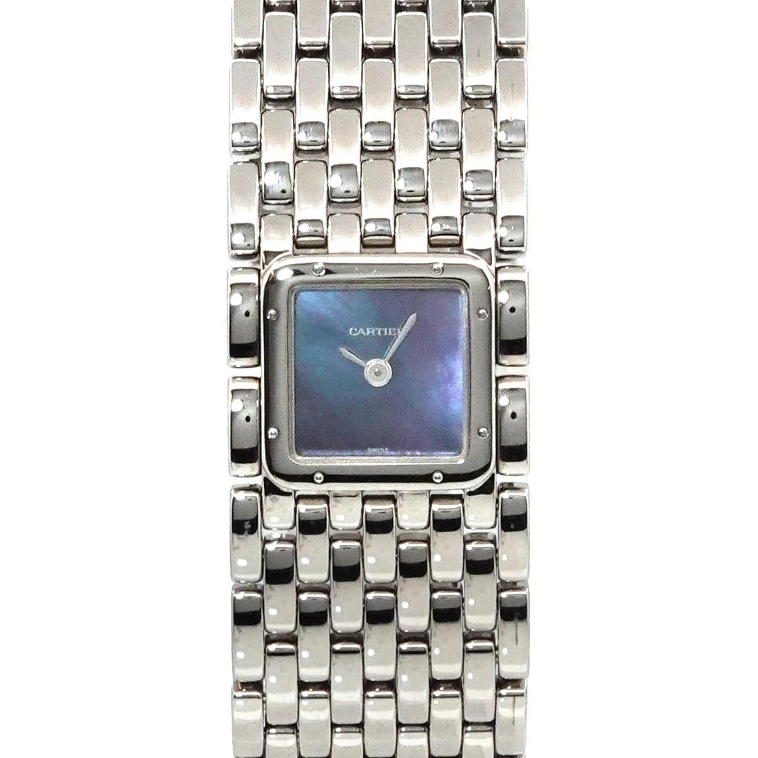 21mm Panthere Ruban Watch with Blue MOP Dial Ref 2420: 21mm Panthere Ruban Watch with Blue MOP Dial Ref 2420 This Cartier Panthere Ruban watch features a 21mm stainless steel case and a striking blue mother-of-pearl dial. The timepiece is presented with a
