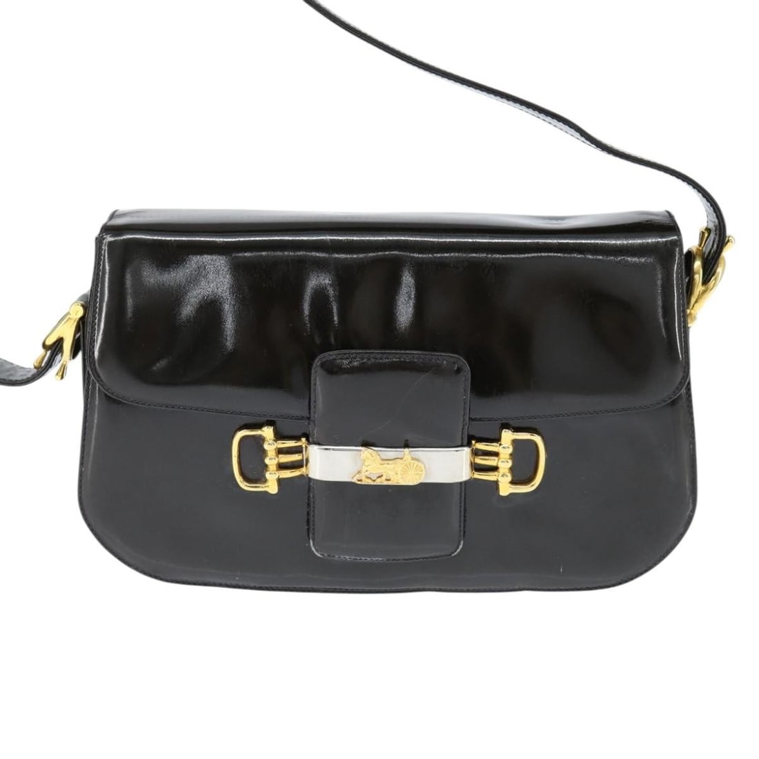 Celine Patent Leather Vintage Carriage Flap Clutch Black: Celine Patent Leather Vintage Carriage Flap Clutch Black This vintage Celine Carriage Flap Clutch is crafted from black patent leather and designed for female use. The pre-owned clutch features a flap