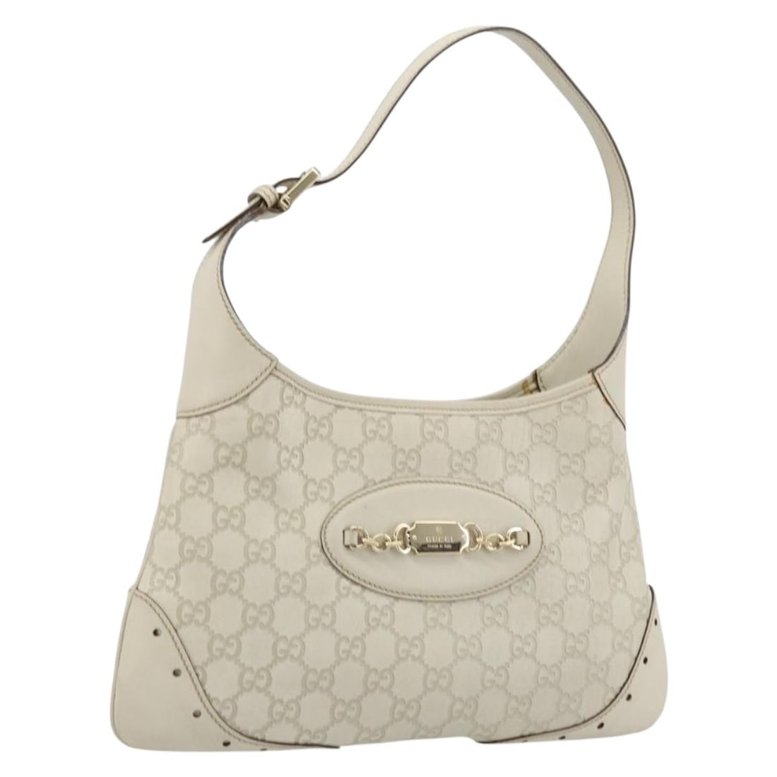 Gucci White Gold GG Canvas Leather Hand Bag 145778 Dust Bag: Gucci White Gold GG Canvas Leather Hand Bag 145778 Dust Bag This GUCCI GG Canvas Guccissima handbag features a combination of white and gold leather with GG canvas accents, offering a sophisticated an
