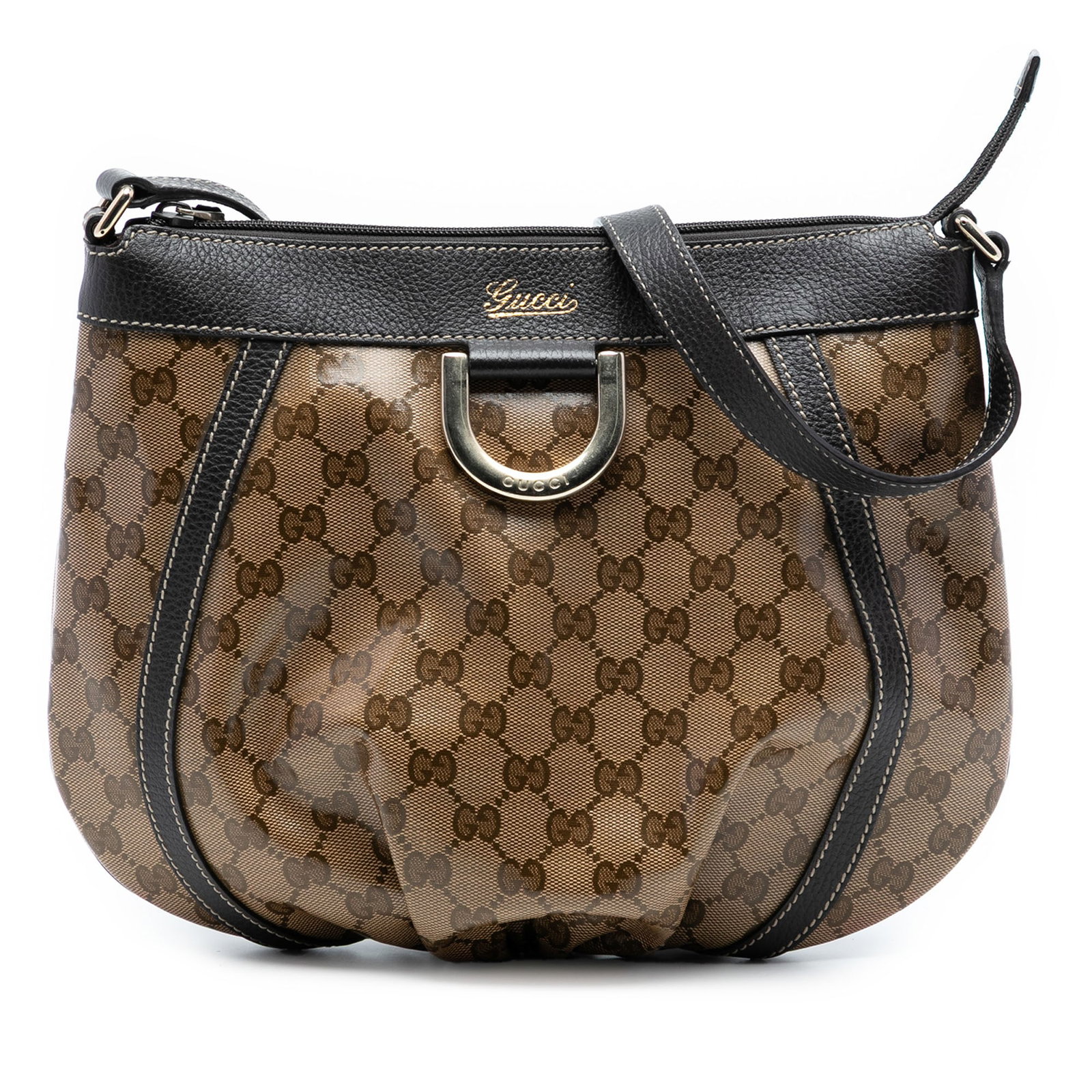 GG Crystal Abbey D Ring Brown Coated Canvas Crossbody Bag by Gucci: GG Crystal Abbey D Ring Brown Coated Canvas Crossbody Bag by Gucci This Gucci GG Crystal Abbey D Ring Crossbody bag features a brown coated canvas body with leather trim, a flat leather strap, a top z