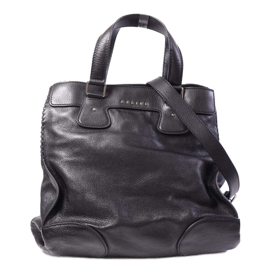 Celine Black Calfskin Leather Two Way Shoulder Bag Silver Hardware: Celine Black Calfskin Leather Two Way Shoulder Bag Silver Hardware This CELINE 2-way shoulder bag is crafted from black calfskin leather and offers versatile carrying options. It features a spacious i