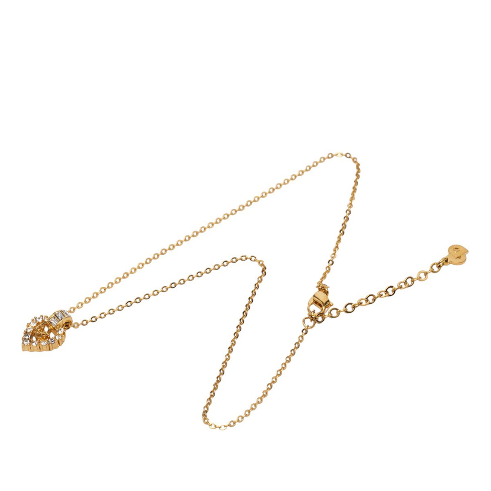 Dior Heart Pendant Necklace with Gold Plating and Rhinestone Logo: Dior Heart Pendant Necklace with Gold Plating and Rhinestone Logo This Dior necklace features a gold-plated metal chain with a heart-shaped pendant adorned with rhinestone embellishments. It is secure