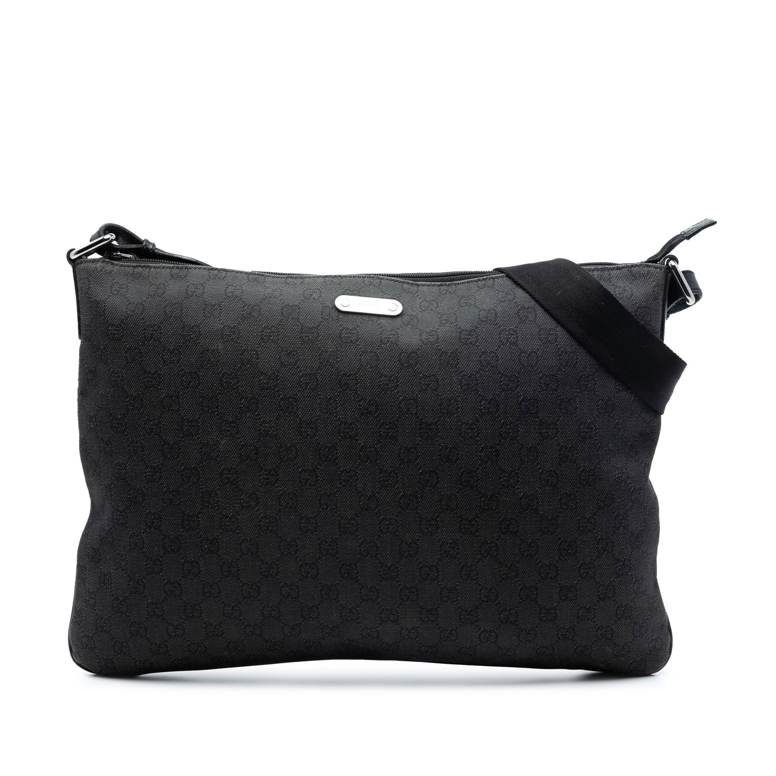 Gucci GG Denim Black Fabric Crossbody Bag with Zip Top: Gucci GG Denim Black Fabric Crossbody Bag with Zip Top This Gucci GG Denim Crossbody bag features a black denim body, a flat strap, a top zip closure, and an interior zip pocket. The bag shows signs o