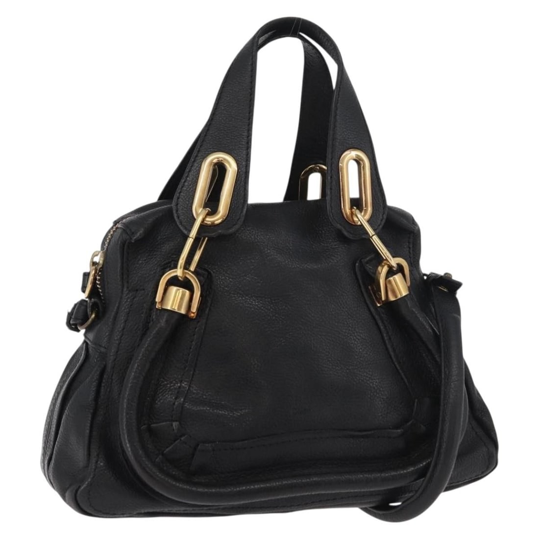 Chloe Leather Black Gold 2way Handbag with Shoulder Strap: Chloe Leather Black Gold 2way Handbag with Shoulder Strap This Chloe Paraty handbag is crafted from black leather with gold-tone accents and offers versatile 2-way styling as both a handbag and a shou