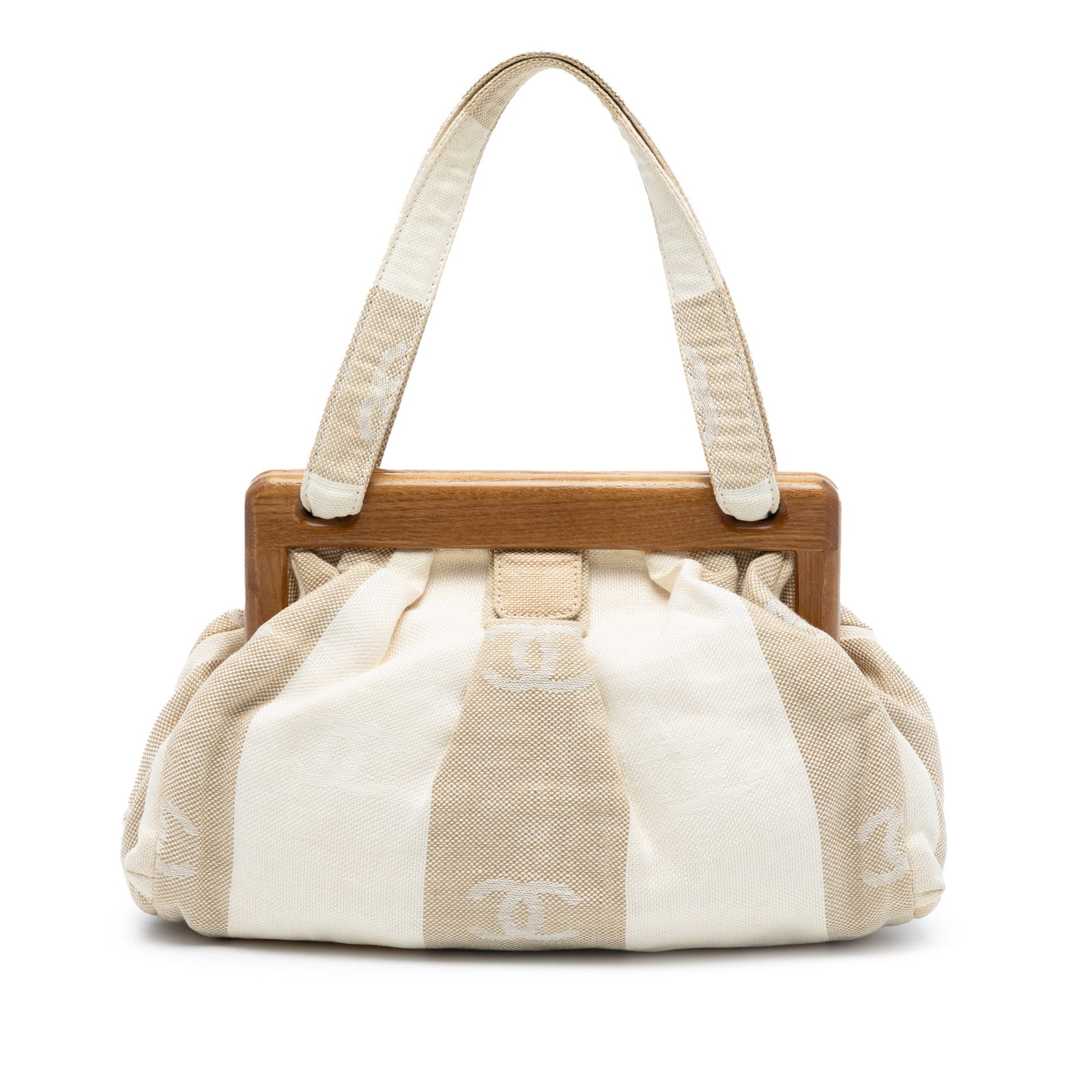 Chanel White Canvas Bag with Wooden Frame and Clam Shell Design: Chanel White Canvas Bag with Wooden Frame and Clam Shell Design This Chanel handbag features a canvas body with flat canvas handles, an open top with a distinctive wooden frame closure, and an interio