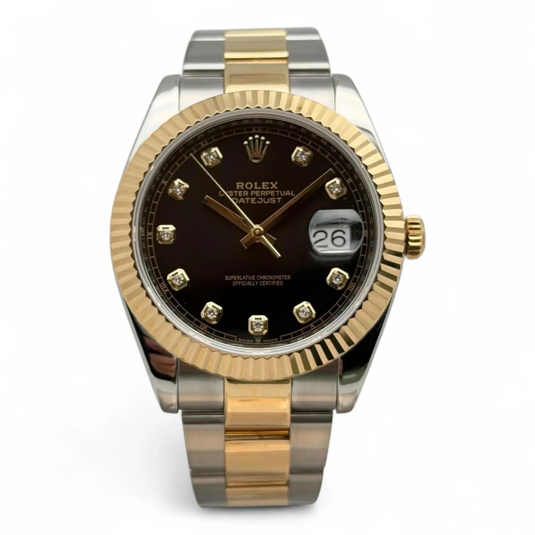 Datejust 41 Mens Luxury Watch Black Diamond Dial 18k Gold Steel: Datejust 41 Mens Luxury Watch Black Diamond Dial 18k Gold Steel This Rolex Datejust 41 men's wristwatch features a 41 mm polished stainless steel case with an 18k yellow gold fluted fixed bezel. The b