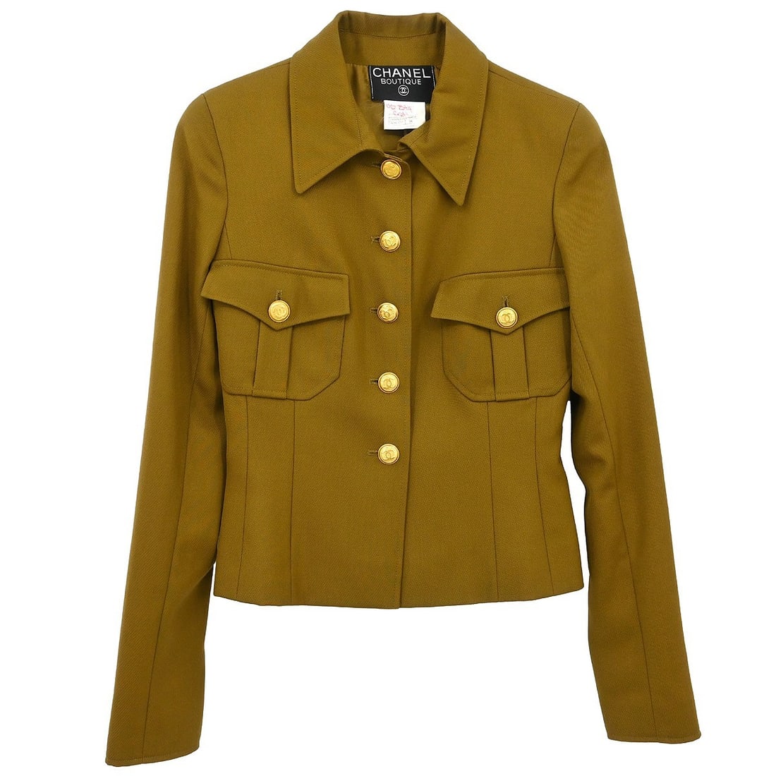 Chanel Vintage Khaki Wool Jacket 96A Single Breasted Size 38: Chanel Vintage Khaki Wool Jacket 96A Single Breasted Size 38 This vintage Chanel single breasted jacket in khaki is a stylish addition to any wardrobe. Made from 100% wool, it features a mid-length de