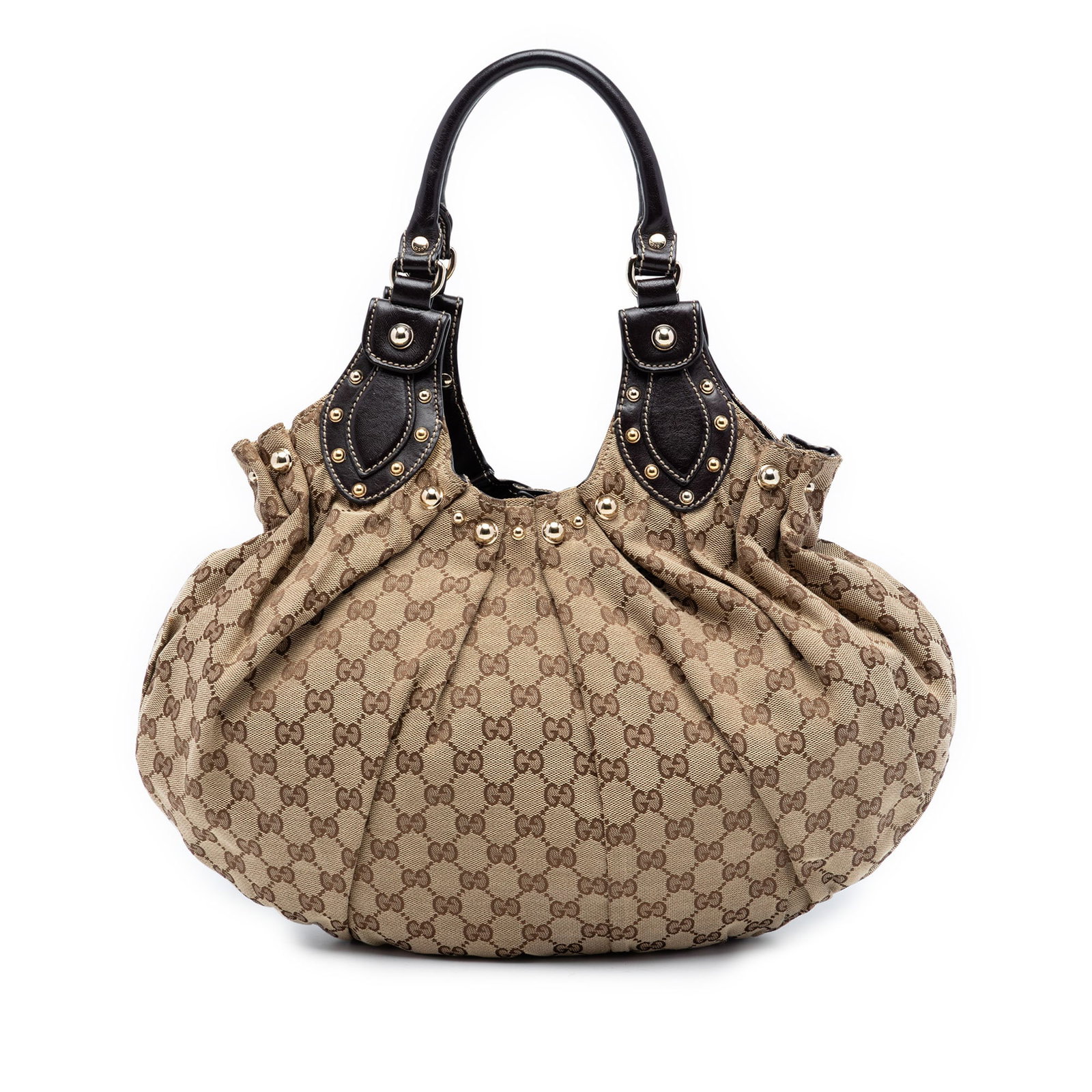 Gucci Pelham Hobo Bag in GG Canvas with Studded Accents: Gucci Pelham Hobo Bag in GG Canvas with Studded Accents This Gucci GG Canvas Studded Pelham Hobo Bag features a beige canvas body with leather trim, a rolled handle, an open top with magnetic snap clo