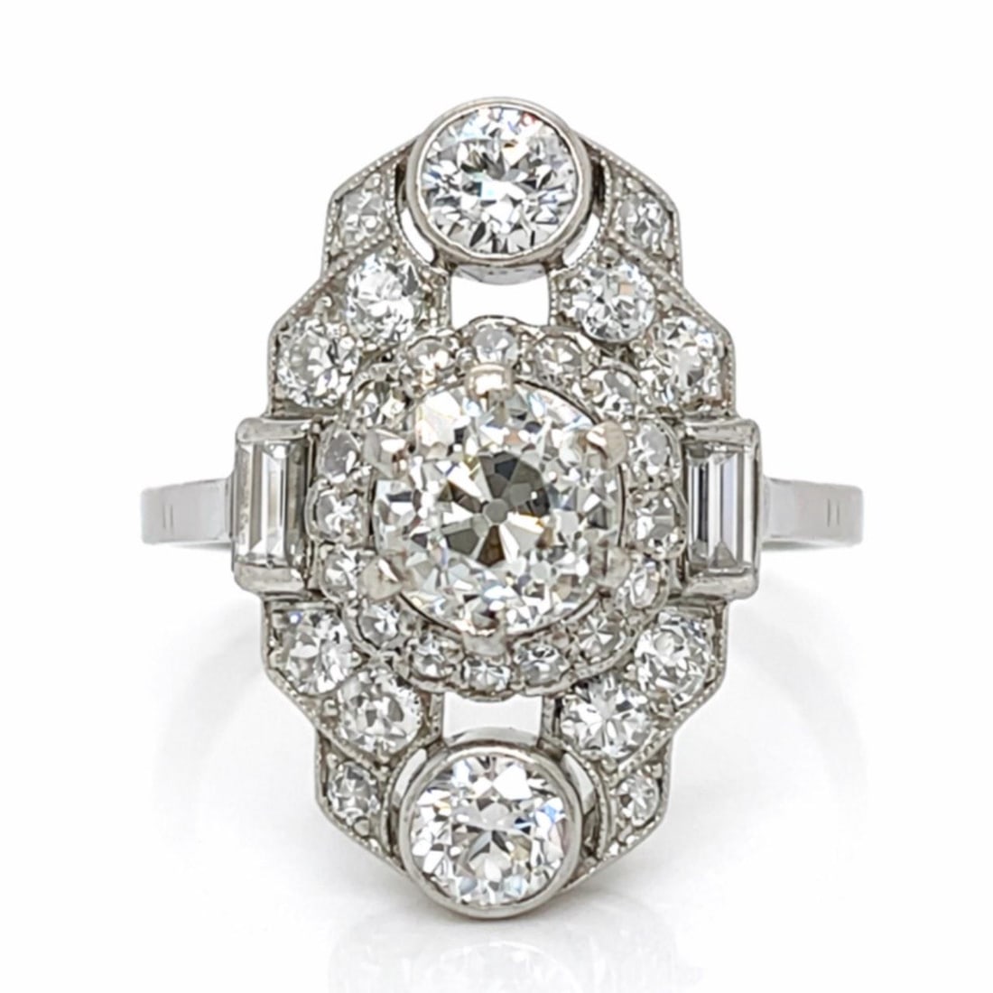 Platinum Art Deco Diamond Ring with 2.85 Carats Total Weight: Platinum Art Deco Diamond Ring with 2.85 Carats Total Weight This Art Deco ring is crafted from platinum and features a central approximately 1.15 carat old mine cut diamond with K color and VVS clari