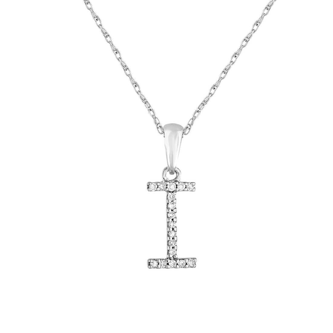 Diamond I Initial Pendant Necklace in 14k White Gold: Diamond I Initial Pendant Necklace in 14k White Gold This women's necklace features a round pendant crafted from 14k white gold, adorned with white diamonds forming the initial 'I'. The necklace has a
