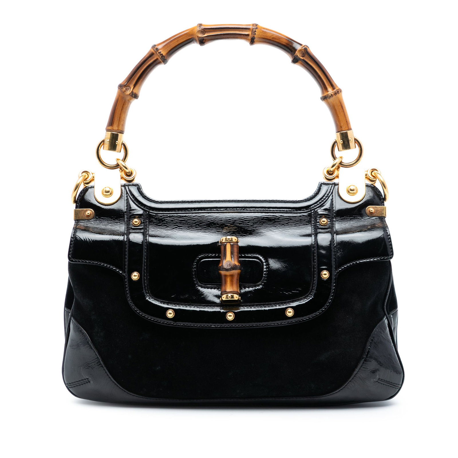 Black Suede Leather Satchel with Bamboo Handle and Patent Trim by Gucci: Black Suede Leather Satchel with Bamboo Handle and Patent Trim by Gucci This Gucci Suede and Patent Peggy Bamboo Top Handle Bag showcases a black suede leather body with patent leather studded trim. I