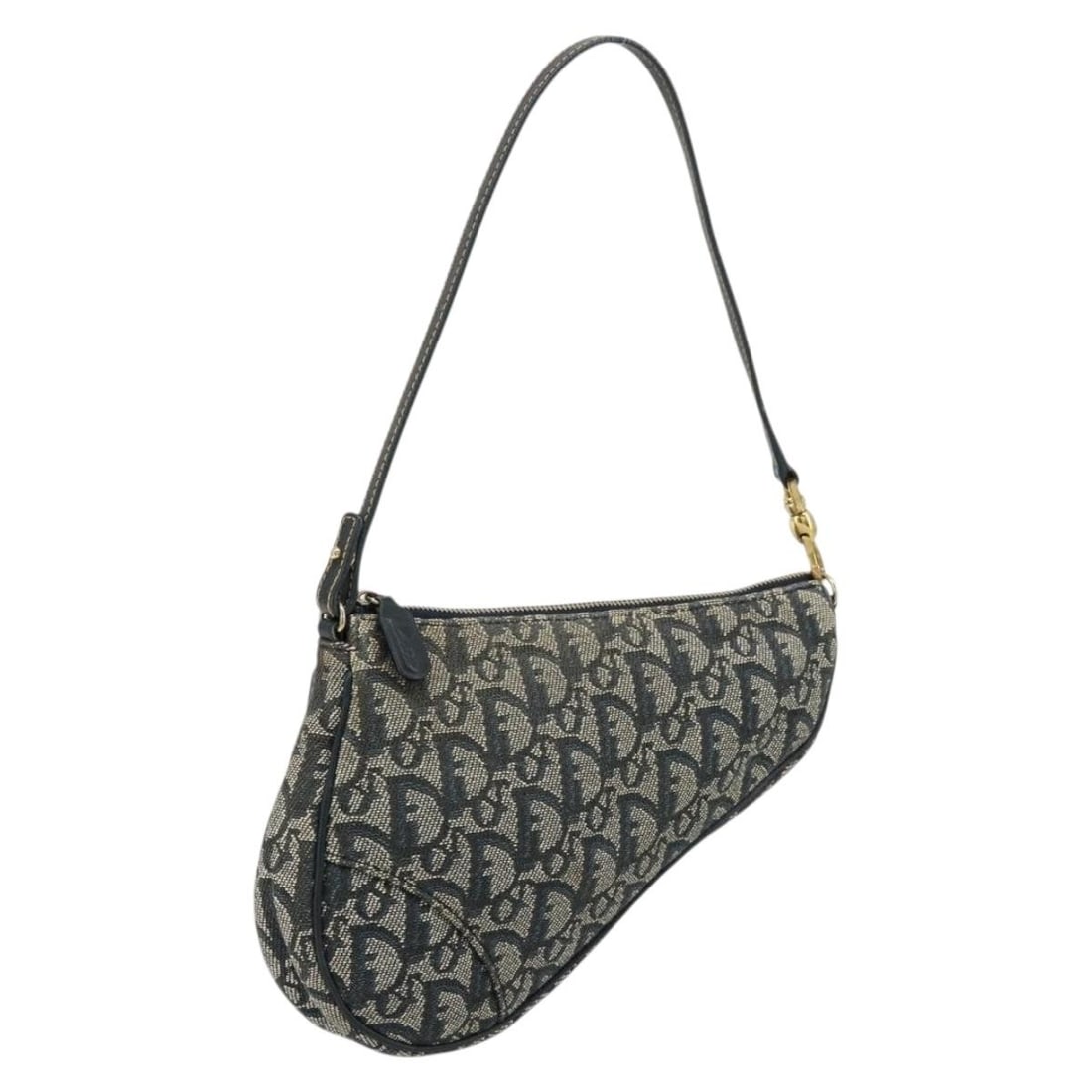 Christian Dior Trotter Canvas Navy Gold Saddle Pouch: Christian Dior Trotter Canvas Navy Gold Saddle Pouch This Christian Dior Trotter Canvas Saddle Pouch features a classic navy and gold color scheme and is crafted from the signature Trotter canvas. Des