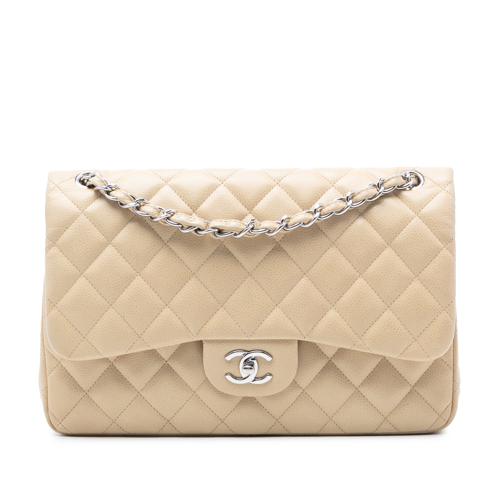 Chanel Brown Quilted Caviar Leather Jumbo Double Flap Shoulder Bag: Chanel Brown Quilted Caviar Leather Jumbo Double Flap Shoulder Bag This Chanel Jumbo Classic Double Flap shoulder bag is crafted from quilted brown caviar leather and features leather-woven chain stra