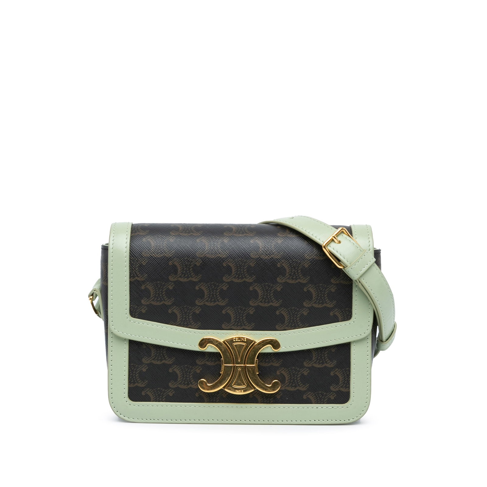Celine Teen Triomphe Crossbody Bag Brown Coated Canvas Calfskin: Celine Teen Triomphe Crossbody Bag Brown Coated Canvas Calfskin This Celine Teen Triomphe Crossbody bag is crafted from coated canvas with calfskin leather trim, making it both stylish and durable. It