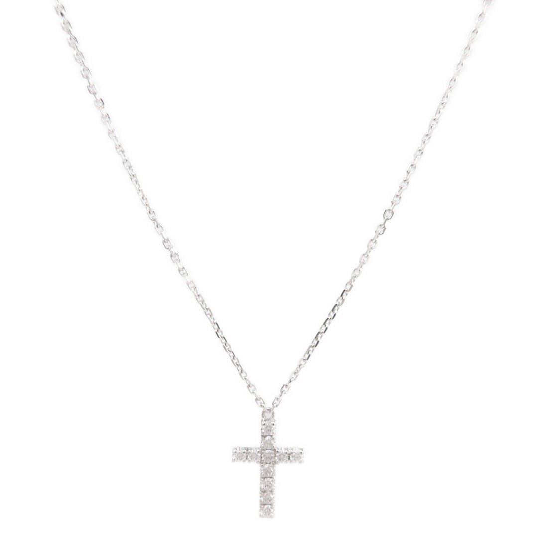 Cartier 18K White Gold Diamond Cross Pendant Necklace: Cartier 18K White Gold Diamond Cross Pendant Necklace This Cartier Symbol Cross necklace features a pendant crafted in 18K white gold and adorned with clear diamonds. Designed for women, it showcases 