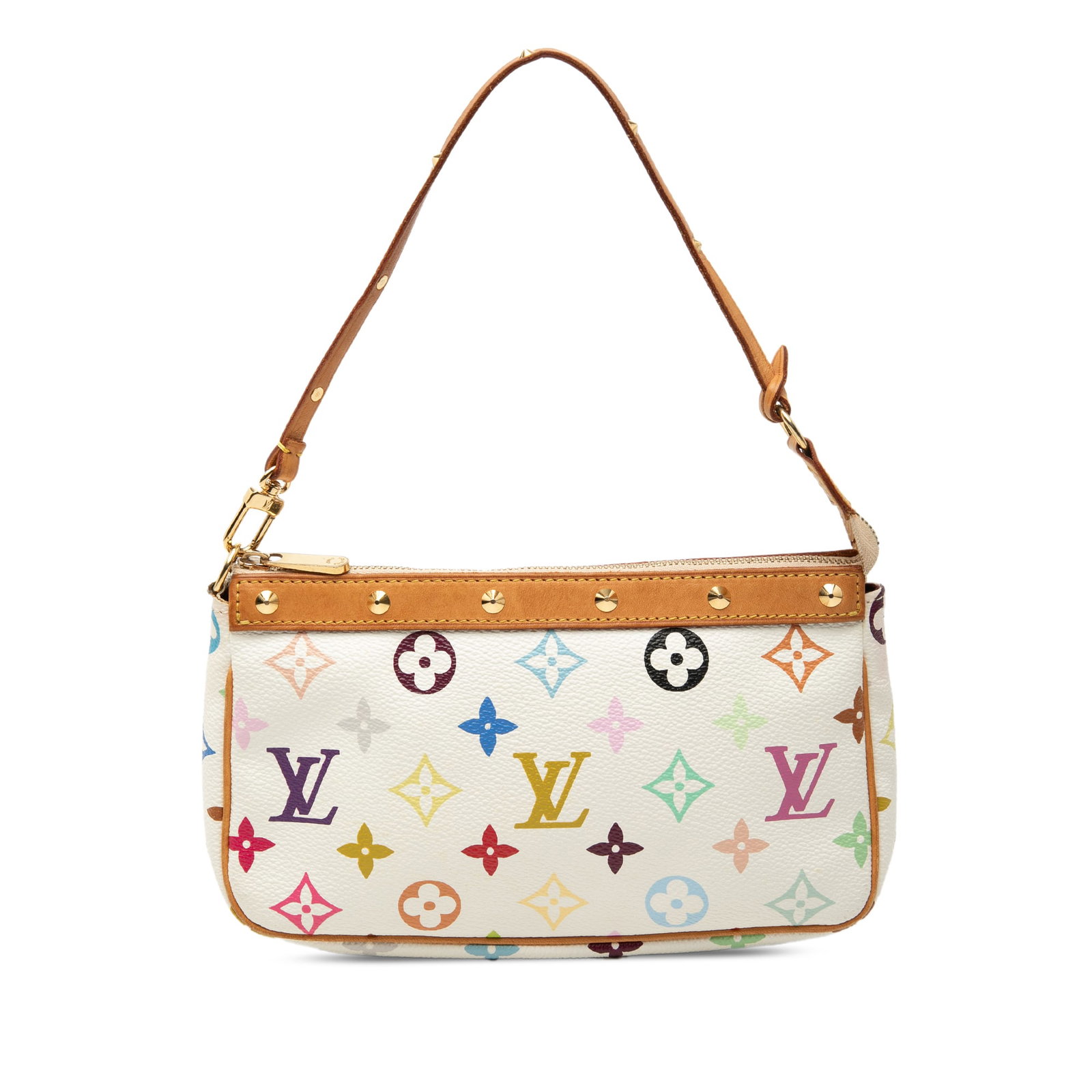 Louis Vuitton Multicolore Canvas Pochette with Vachetta Leather Trim: Louis Vuitton Multicolore Canvas Pochette with Vachetta Leather Trim This Louis Vuitton Pochette Accessoires features the iconic Monogram Multicolore canvas with vachetta leather trim and a flat vache