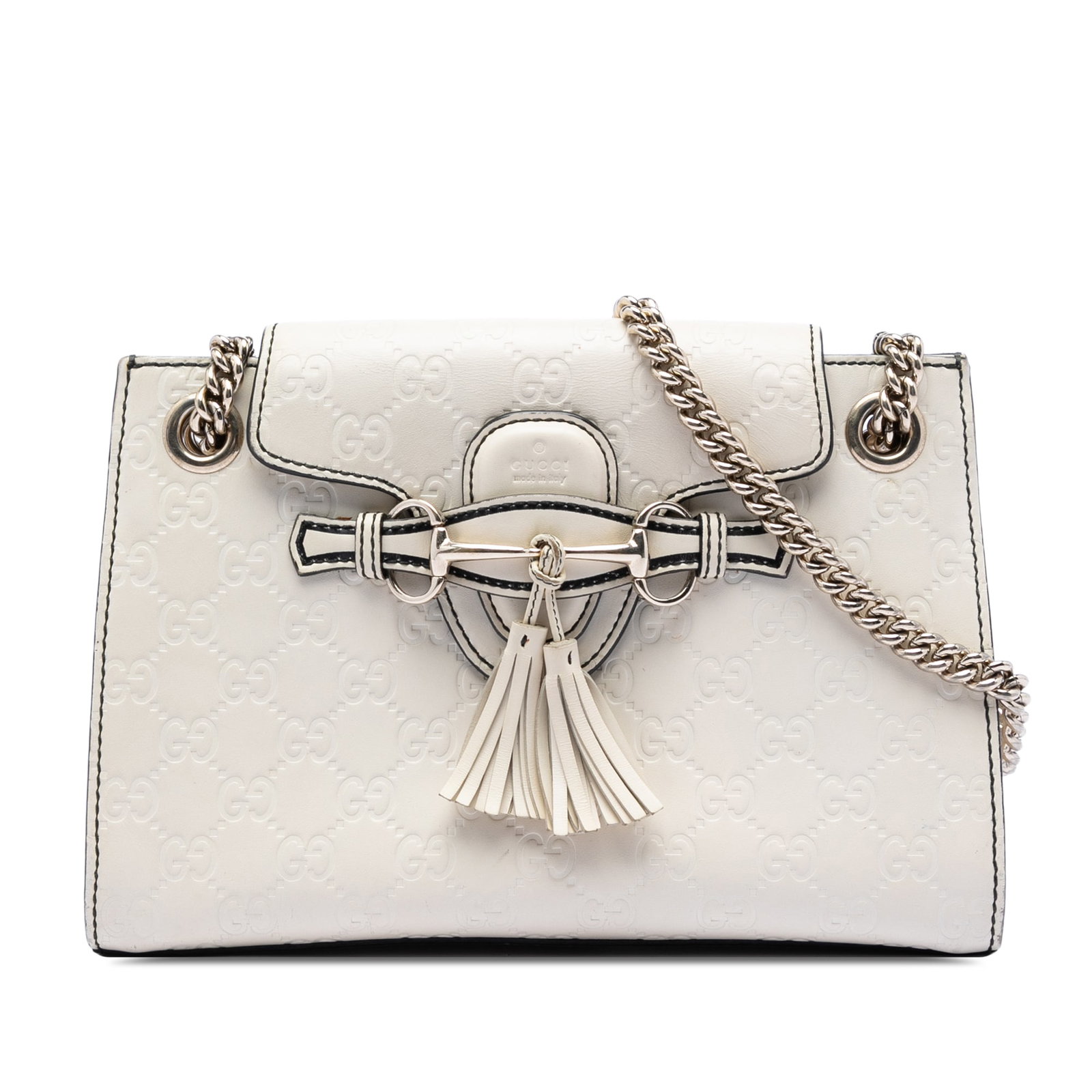 Gucci Emily Small White Leather Shoulder Bag with Chain Strap: Gucci Emily Small White Leather Shoulder Bag with Chain Strap This Small Guccissima Emily Shoulder Bag features an embossed leather body in white, chain link straps with leather shoulder guards, a fro