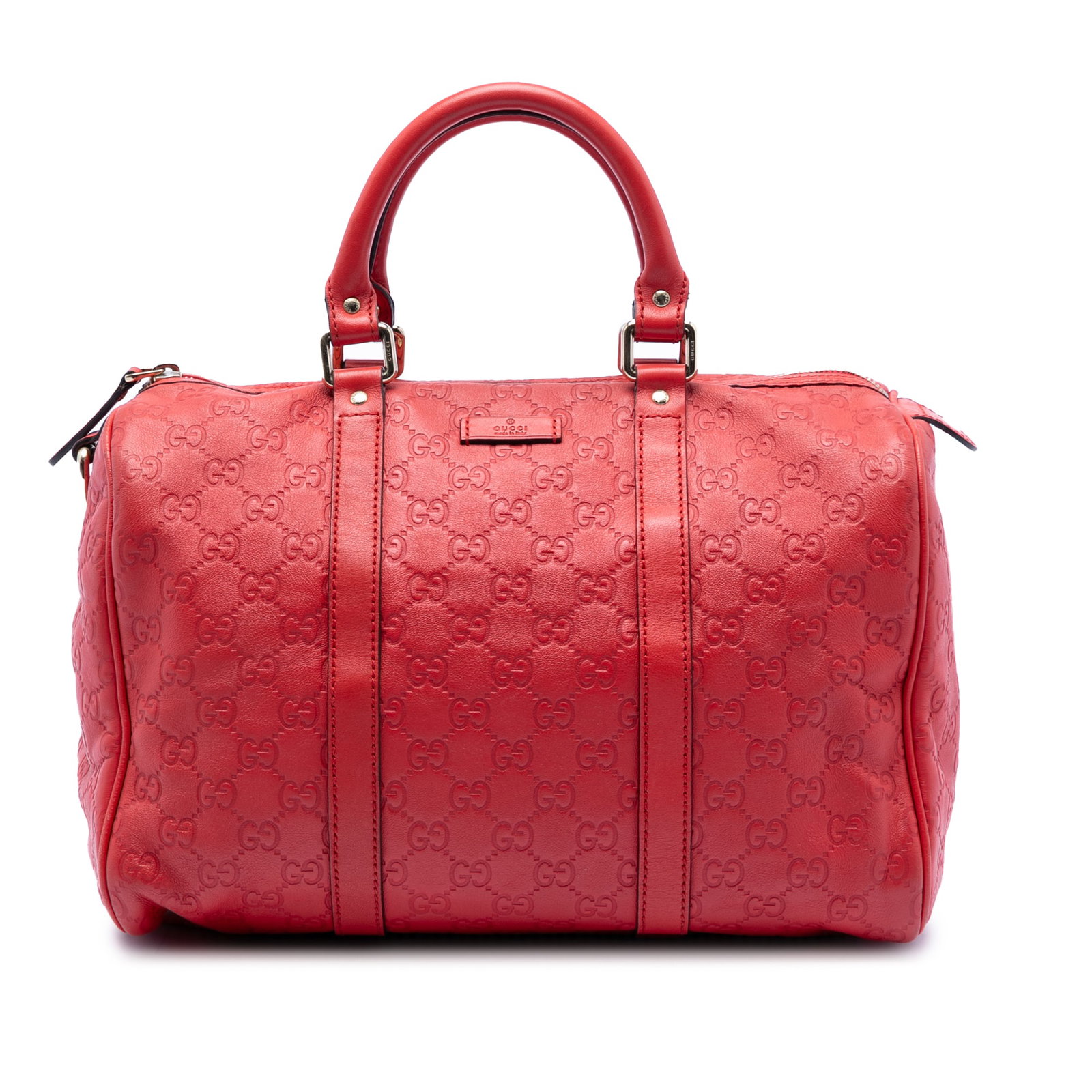 Gucci Guccissima Joy Medium Red Embossed Leather Boston Bag: Gucci Guccissima Joy Medium Red Embossed Leather Boston Bag This Medium Guccissima Joy Boston Bag features an embossed leather exterior in red, rolled leather handles, a top zip closure, and an interi