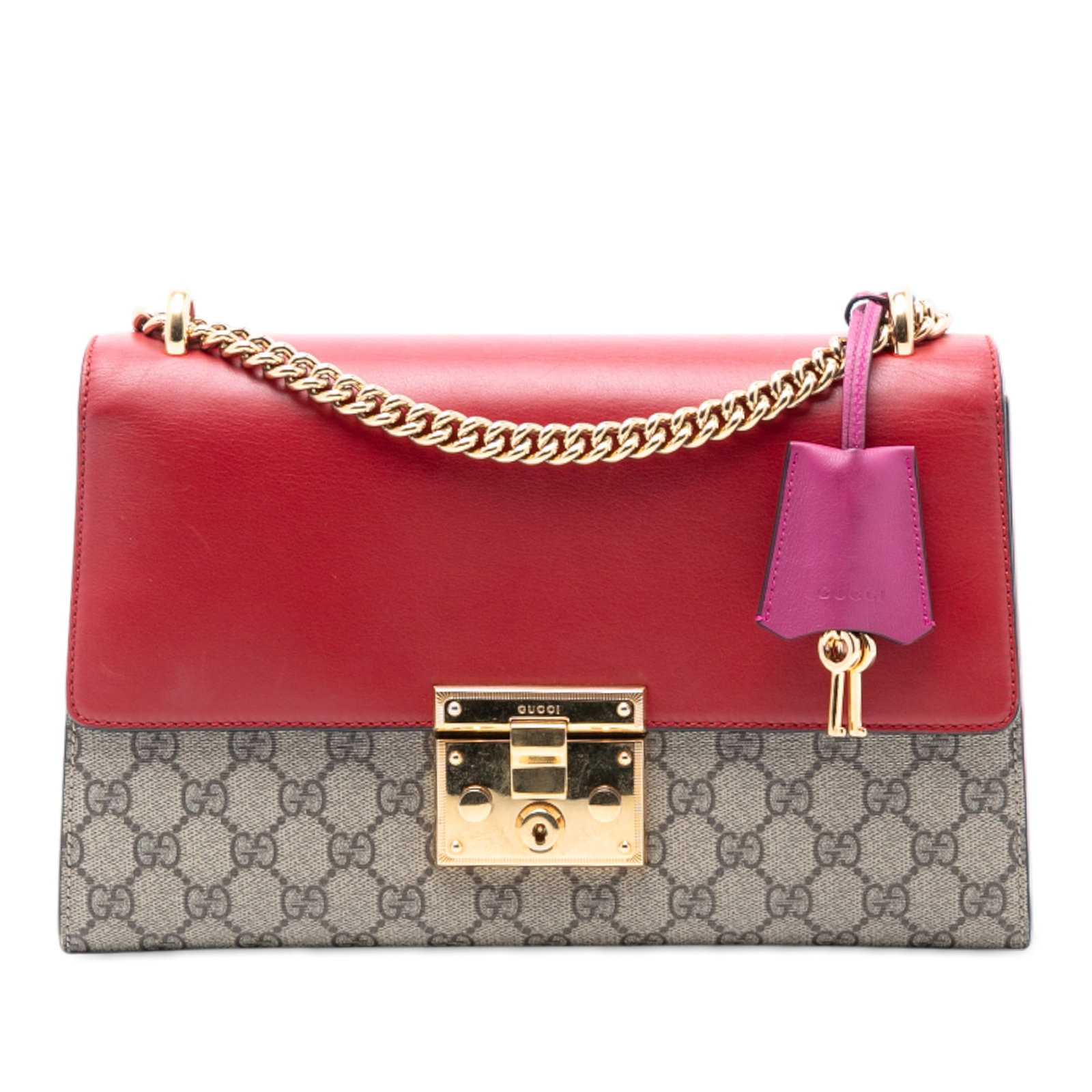 Gucci GG Supreme Padlock Medium Brown Chain Shoulder Bag: Gucci GG Supreme Padlock Medium Brown Chain Shoulder Bag This Gucci Medium GG Supreme Padlock Shoulder Bag showcases a coated canvas body in brown, gold-tone chain link straps, a front flap with S-loc