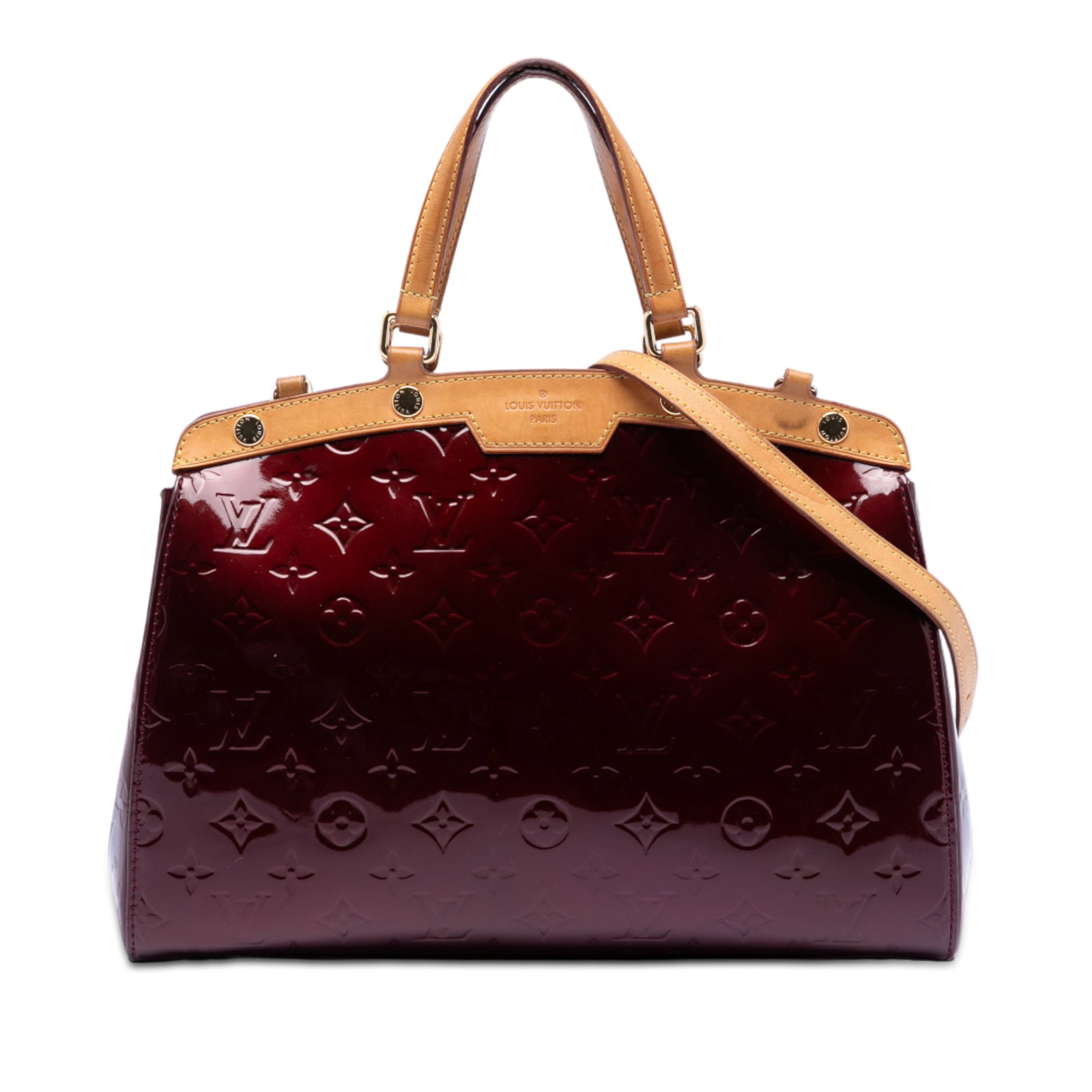 Red Vernis Leather Brea MM Bag with Vachetta Trim by Louis Vuitton: Red Vernis Leather Brea MM Bag with Vachetta Trim by Louis Vuitton This Louis Vuitton Monogram Vernis Brea MM features a monogram vernis leather body with vachetta leather trim, flat vachetta leather 