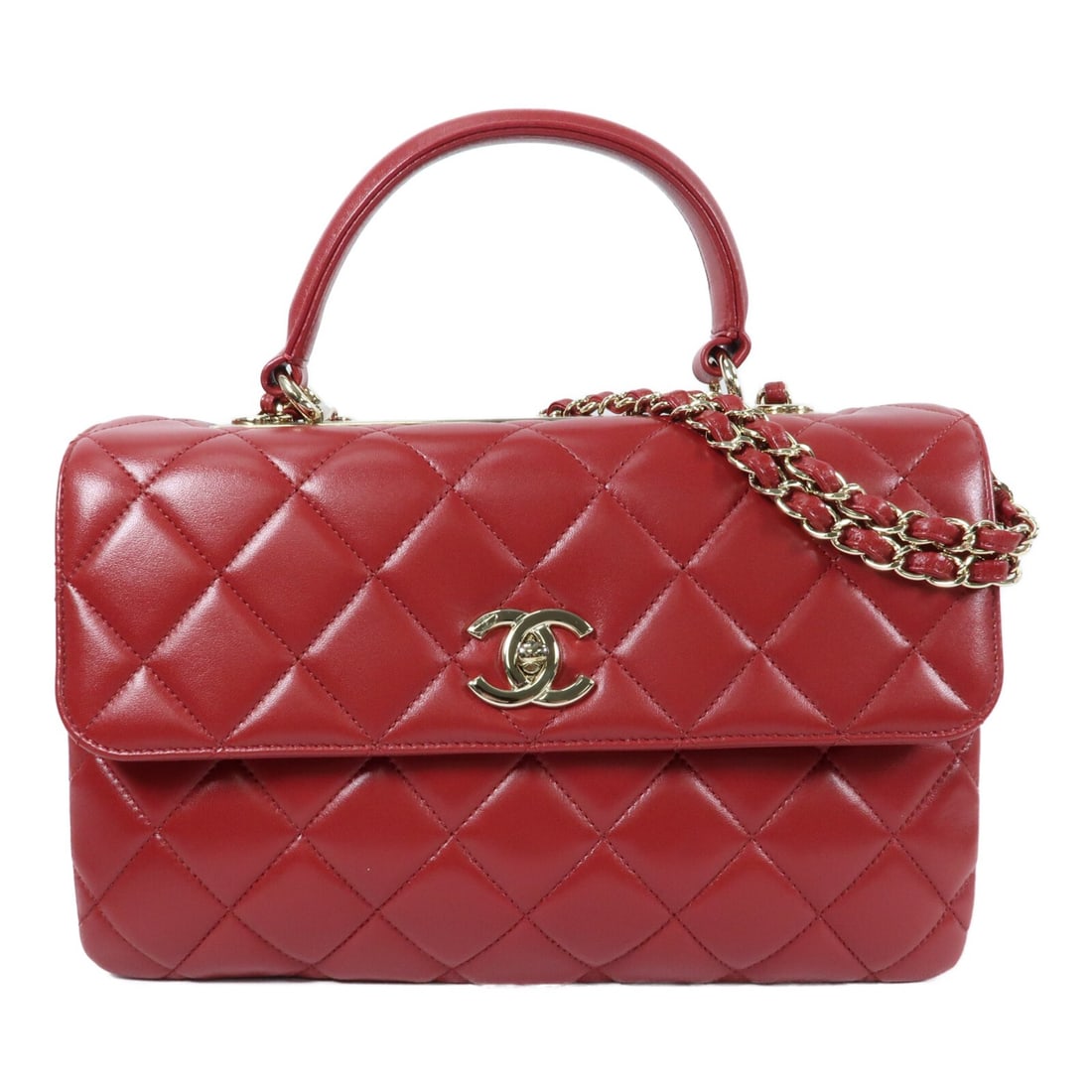 Red Lambskin Trendy CC 2way Shoulder Bag with Gold Hardware by CHANEL: Red Lambskin Trendy CC 2way Shoulder Bag with Gold Hardware by CHANEL This CHANEL Trendy CC 2-way shoulder bag features luxurious red lambskin leather with gold-tone hardware. Designed for women, the 