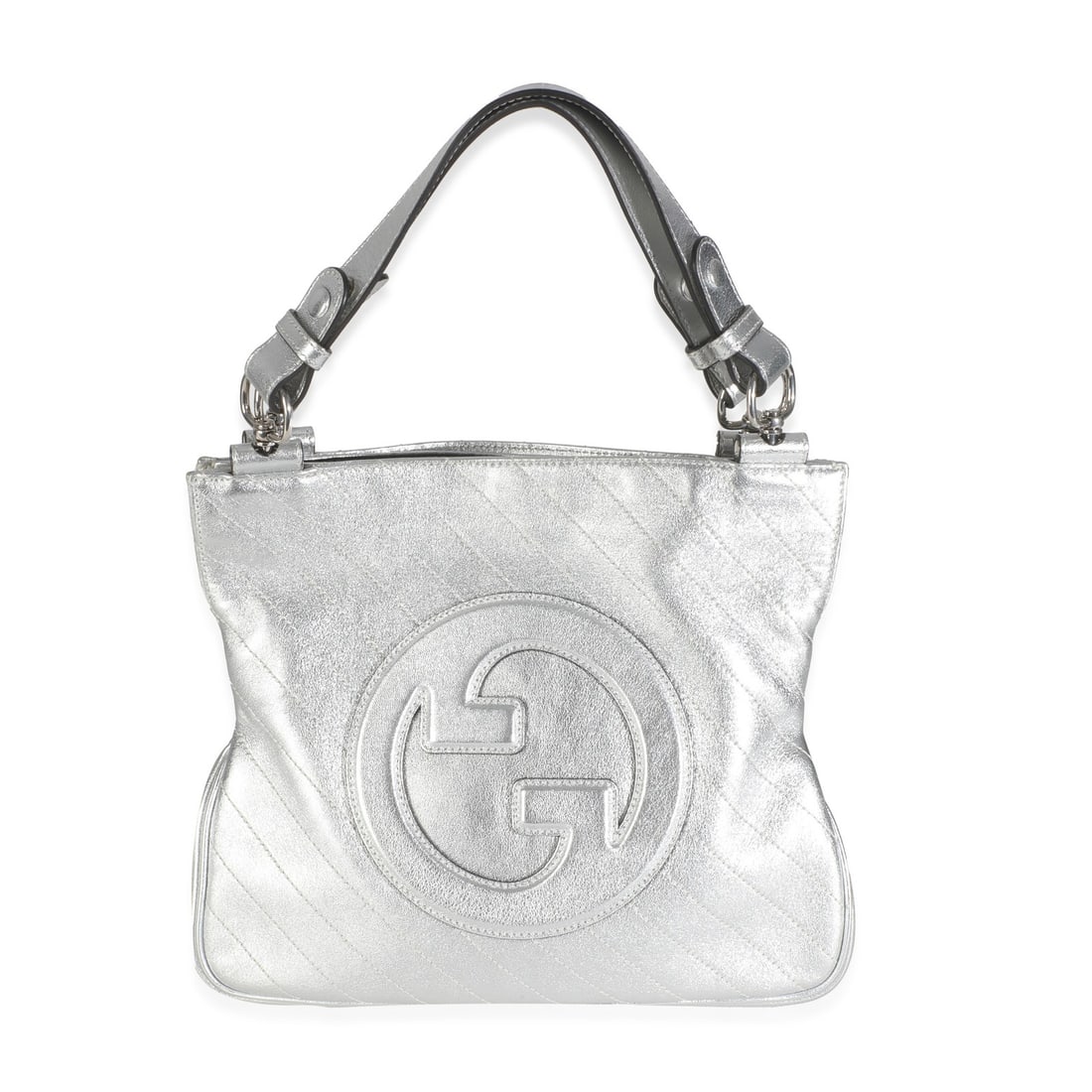 Gucci Small Blondie Tote Silver Leather Sakai Diagonal Stitch Handbag: Gucci Small Blondie Tote Silver Leather Sakai Diagonal Stitch Handbag This Gucci Small Blondie Tote features a silver metallic calfskin leather exterior with diagonal stitching and silver-tone hardwar