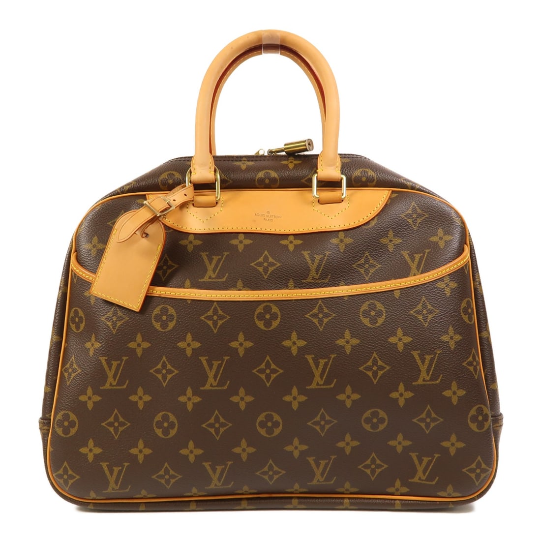 Louis Vuitton Deauville Monogram Canvas Brown Handbag with Gold Tone Hardware: Louis Vuitton Deauville Monogram Canvas Brown Handbag with Gold Tone Hardware This Louis Vuitton Deauville handbag features the iconic monogram pattern in brown on durable PVC coated canvas. The bag i