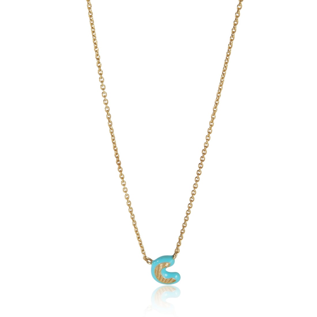 Teal Enamel C Initial Pendant in 14K Yellow Gold: Teal Enamel C Initial Pendant in 14K Yellow Gold This women's pendant features a mini initial 'C' design in teal enamel set in 14K yellow gold. The pendant does not include any stones and comes with a